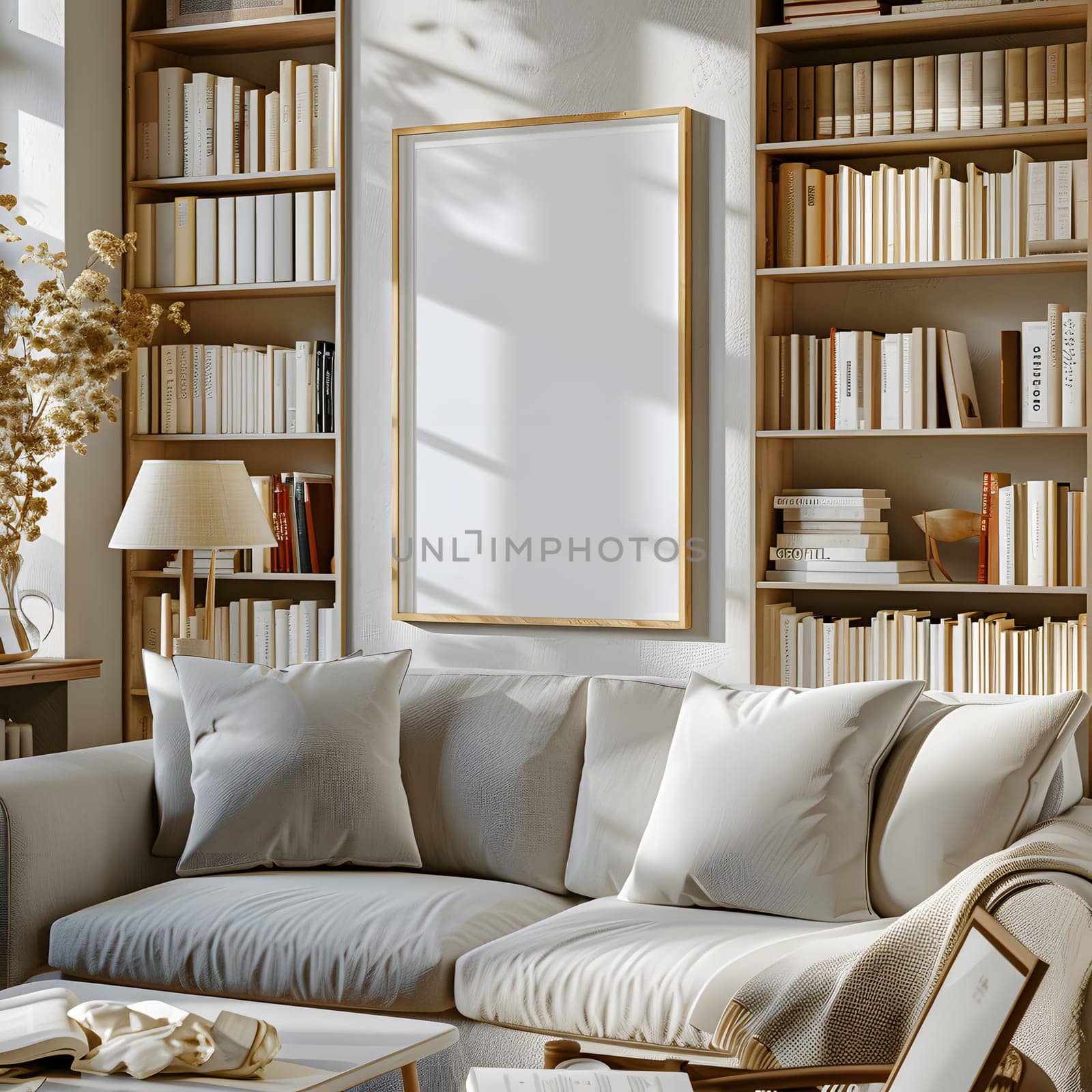 Living room with couch, chair, coffee table, and bookcase shelves by Nadtochiy