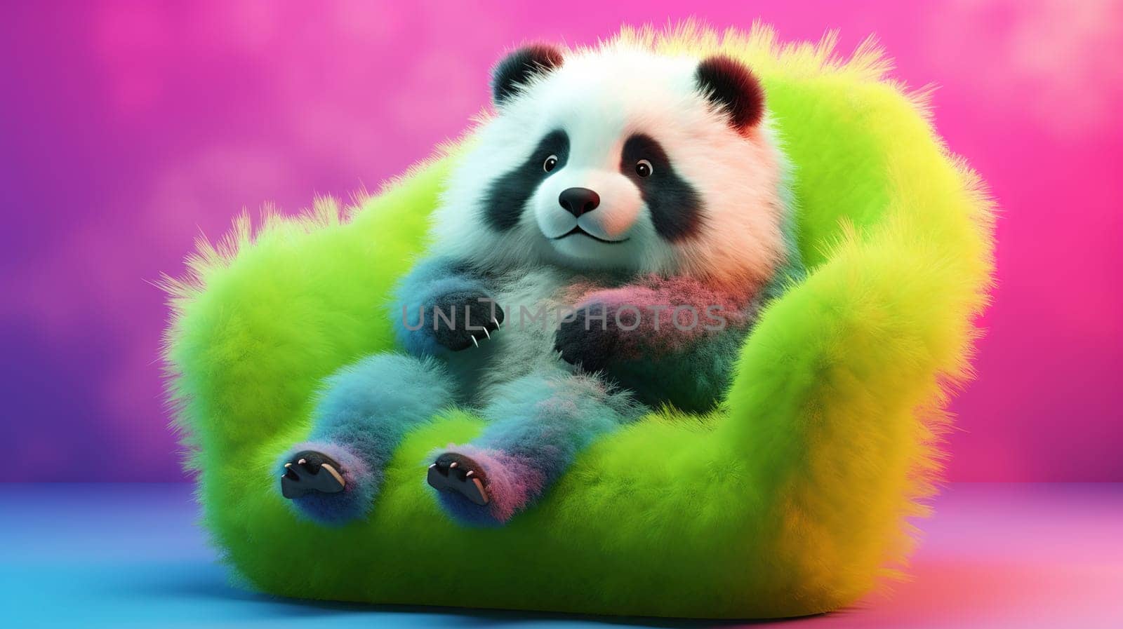 A cheerful fluffy panda is resting in a green plush chair on a pink neon background, Generated AI