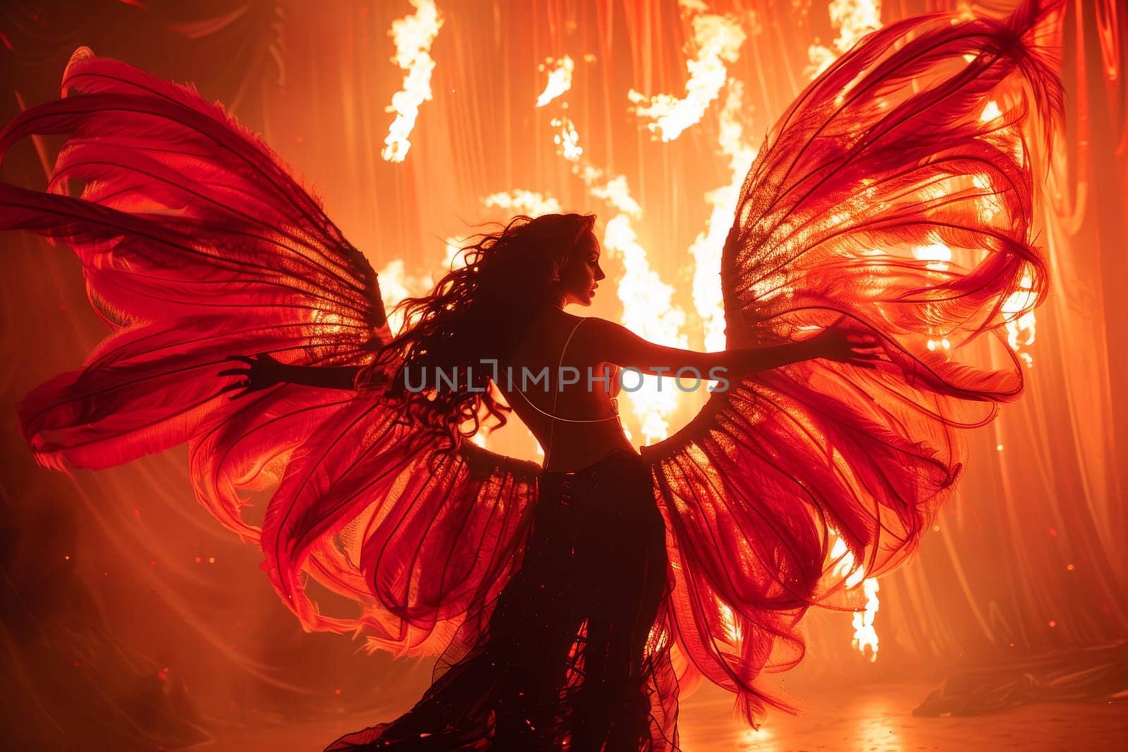 A woman with a fiery winged angelic appearance