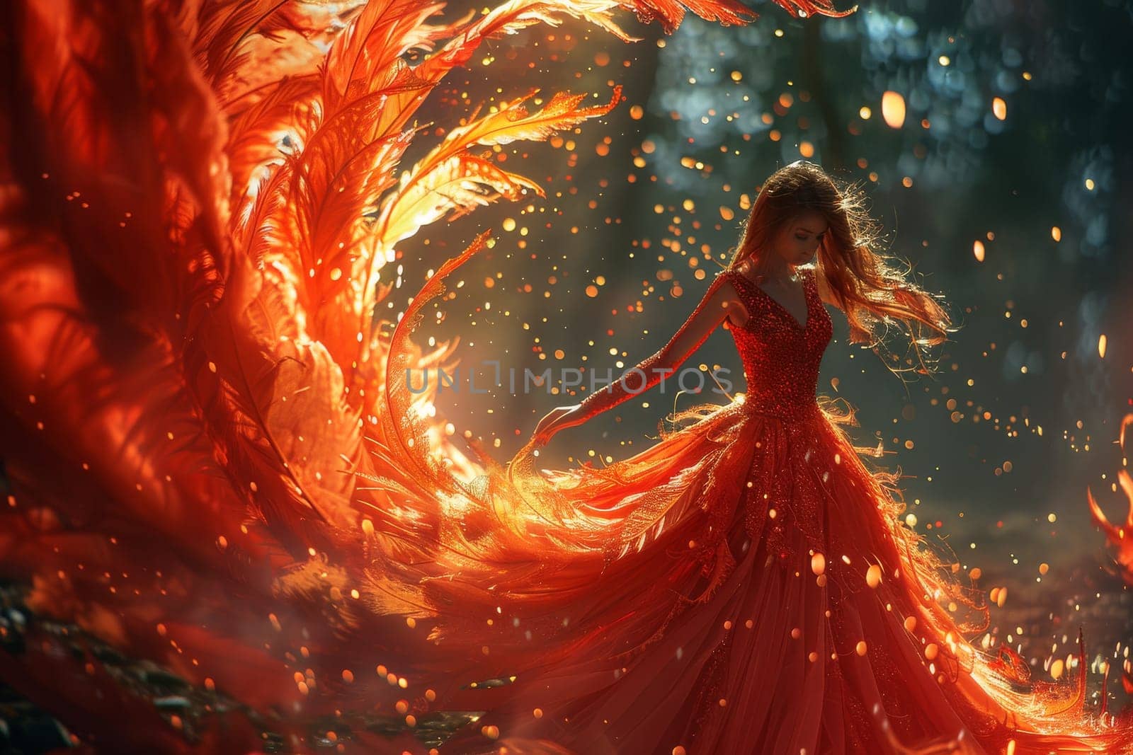 A woman with a fiery winged angelic appearance