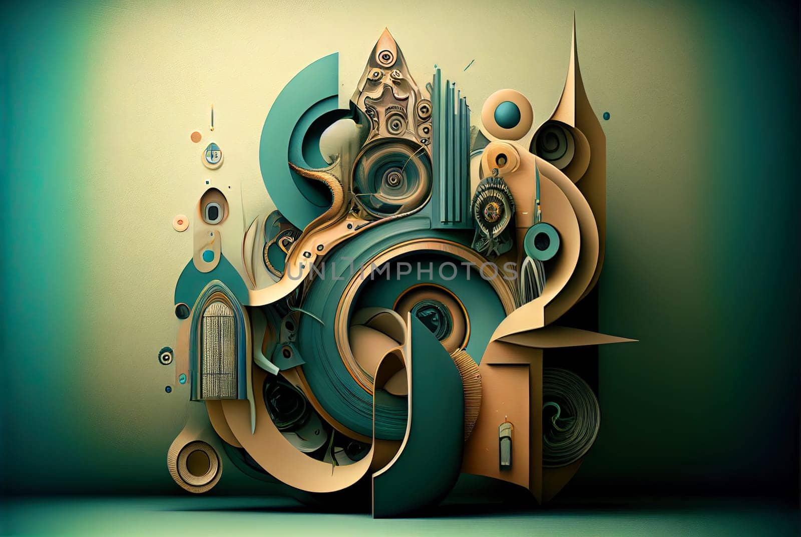 Abstract architectural retro composition in surrealism style. Retro background with surreal mindbending figures. Generated AI