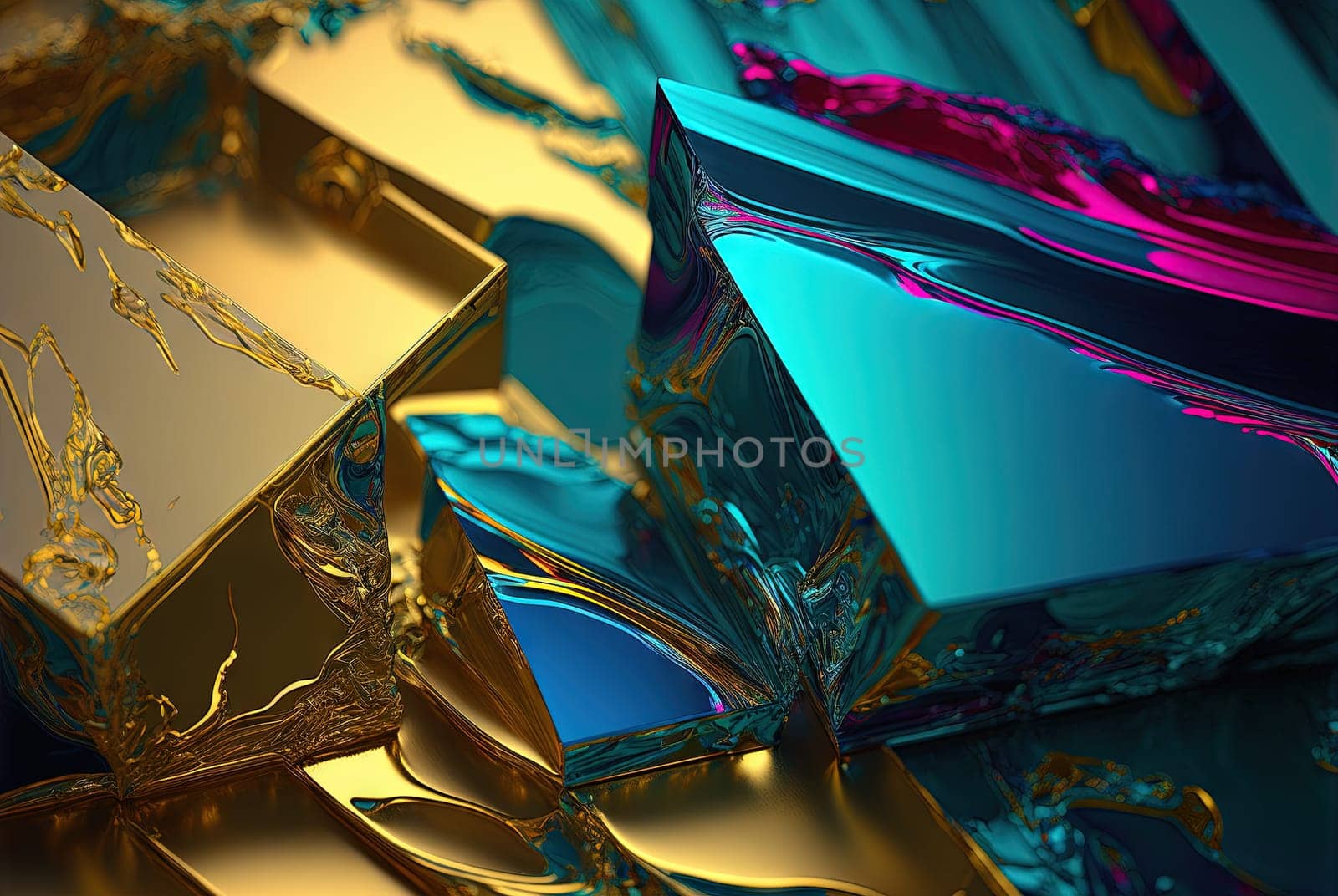 Abstract background with free 3D golden shapes, flowing and melting in surreal motion. Soft splashing abstract forms background with blue and purple crystal inclusion. Generated AI. by SwillKch