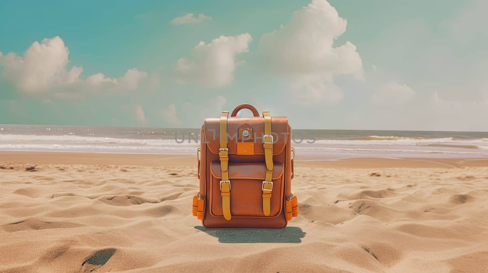 Backpack on the sand of the beach. Vacation scene with schoolbag on the shore line. Generative AI. by SwillKch