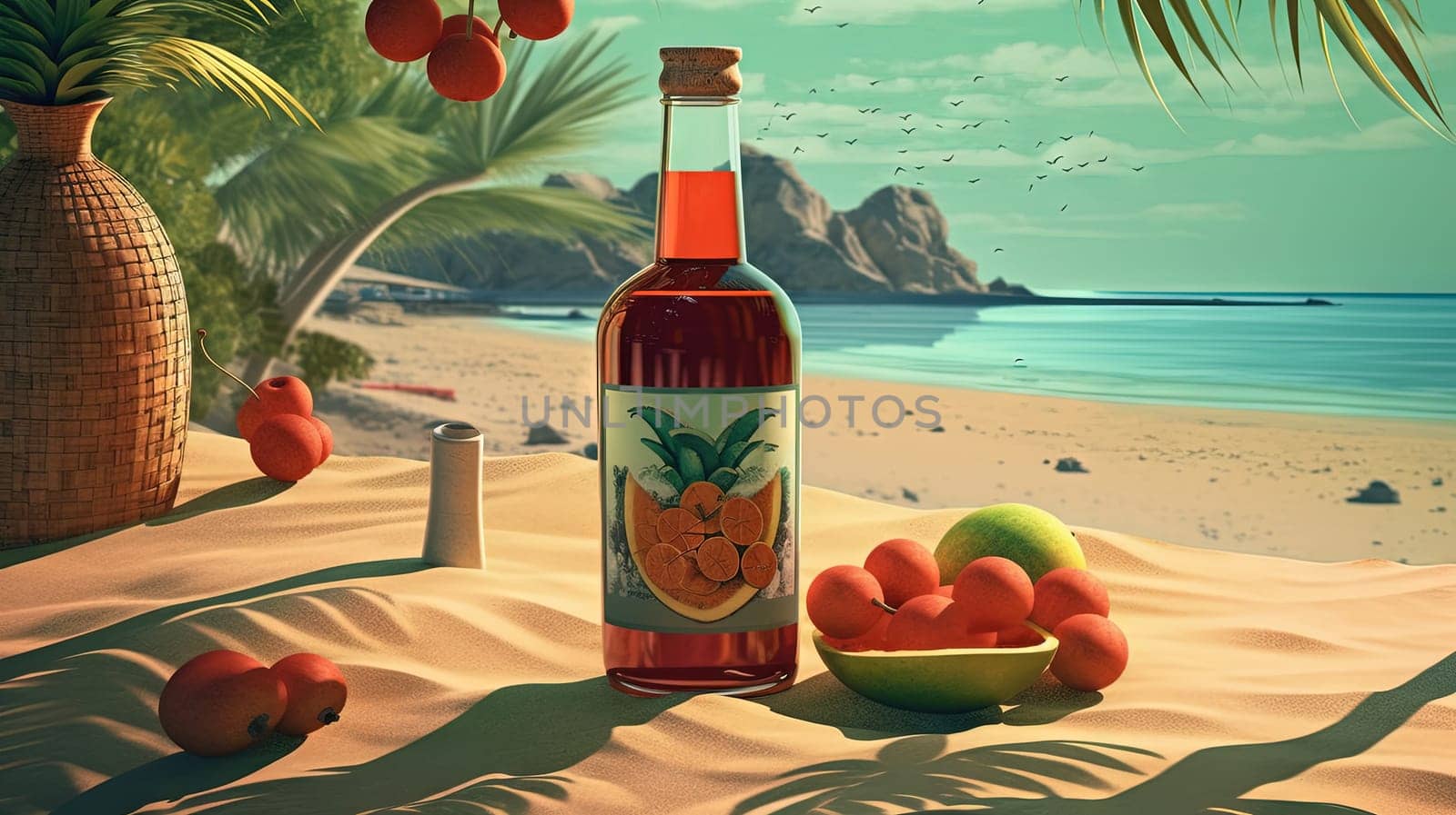 Bottle with fruit water or alcohol in the sand of the beach. Vacation scene with lemonade bottle on the shore line. Generative AI