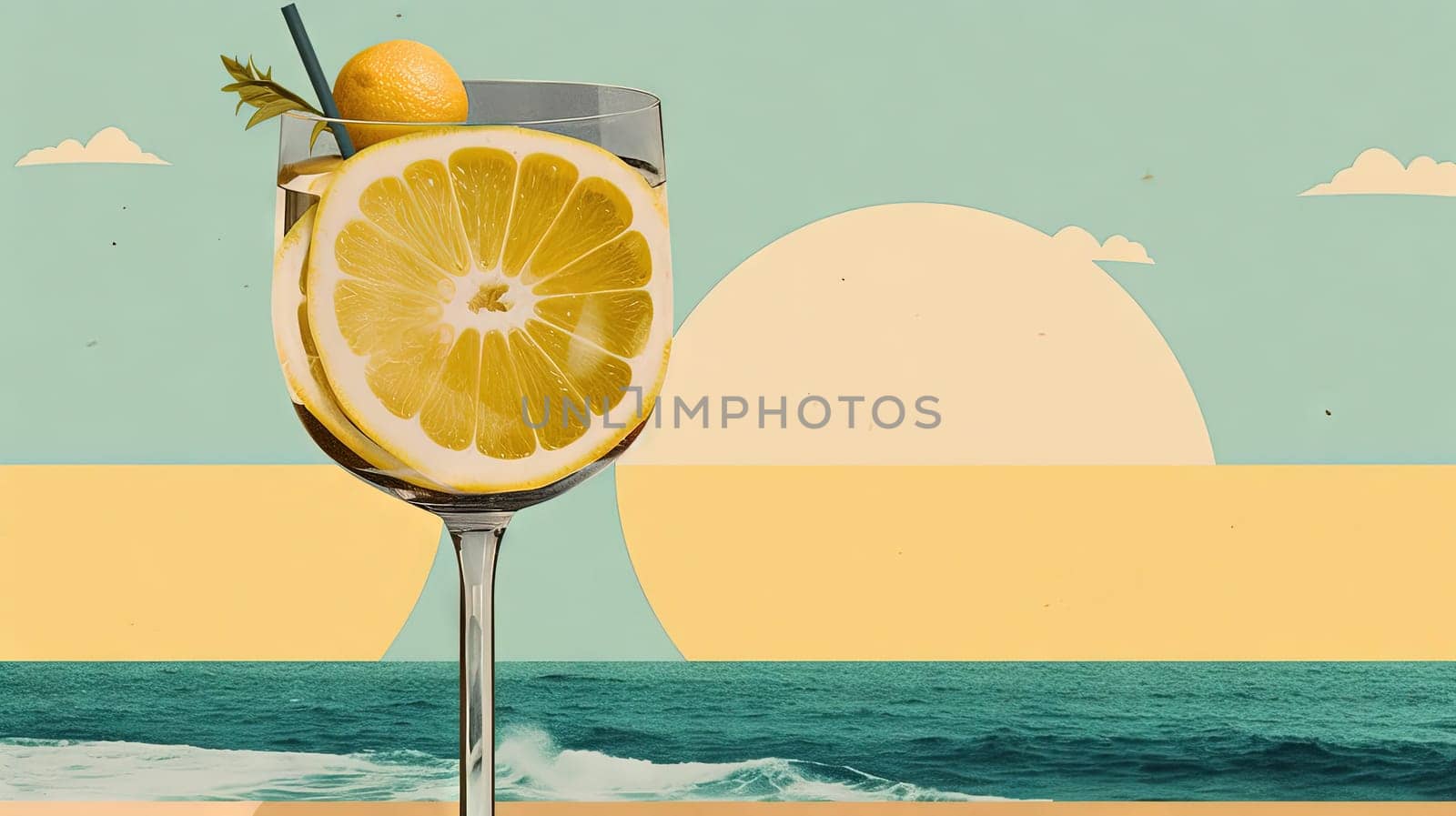 Glass with lemon water in the sand of the beach. Vacation scene with lemonade glass on the shore line. Generative AI. by SwillKch
