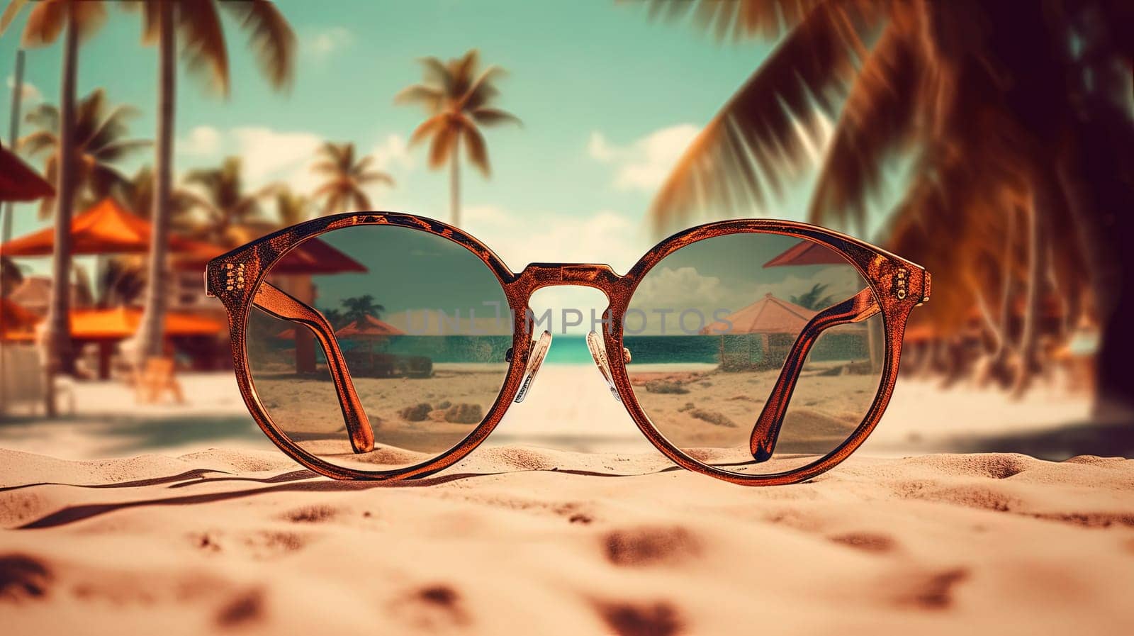 Glasses in the sand of the beach. Vacation scene with sunglass on the shore line. Generative AI. by SwillKch