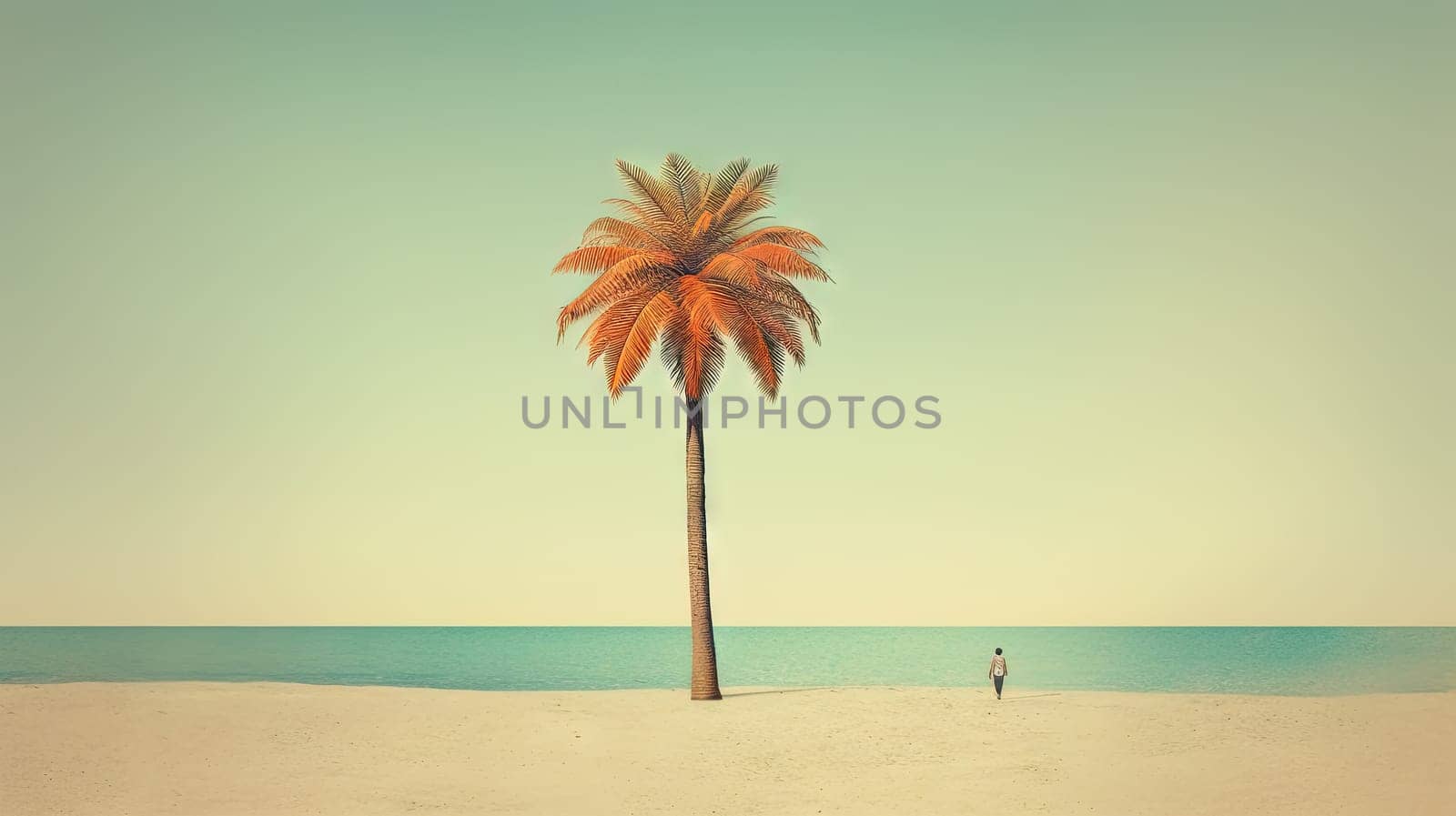 Palm tree on the sand of the beach. Vacation scene with palm on the shore line. Generative AI. by SwillKch
