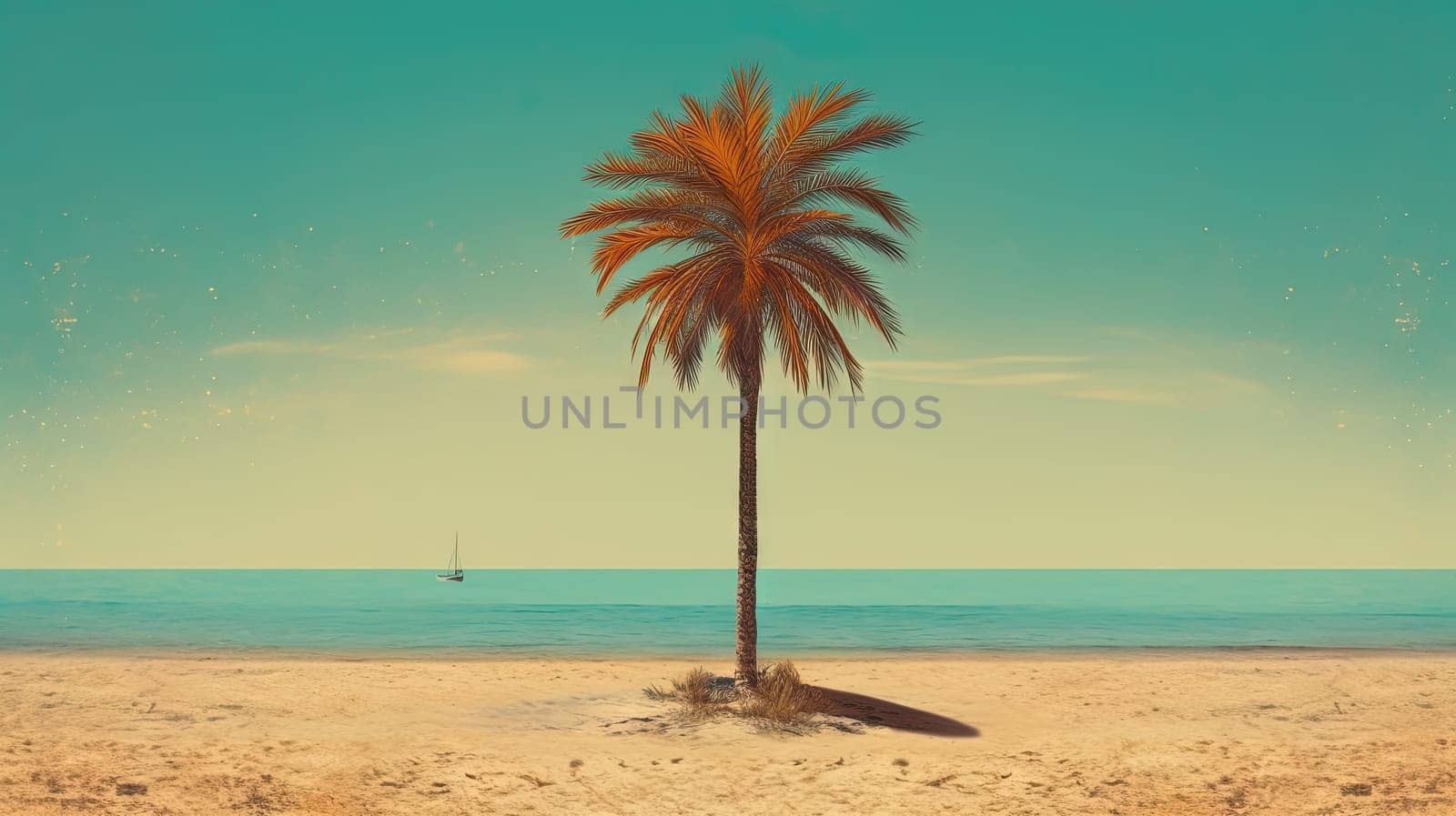 Palm tree on the sand of the beach. Vacation scene with palm on the shore line. Generative AI. by SwillKch