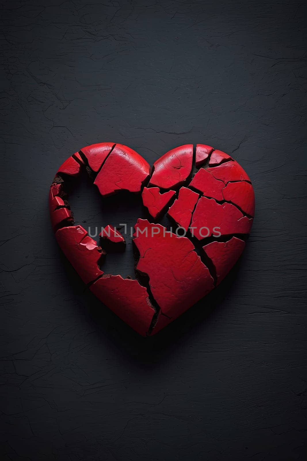 Broken heart on dark wall background. Love hearts 3d concept. AI Generated.