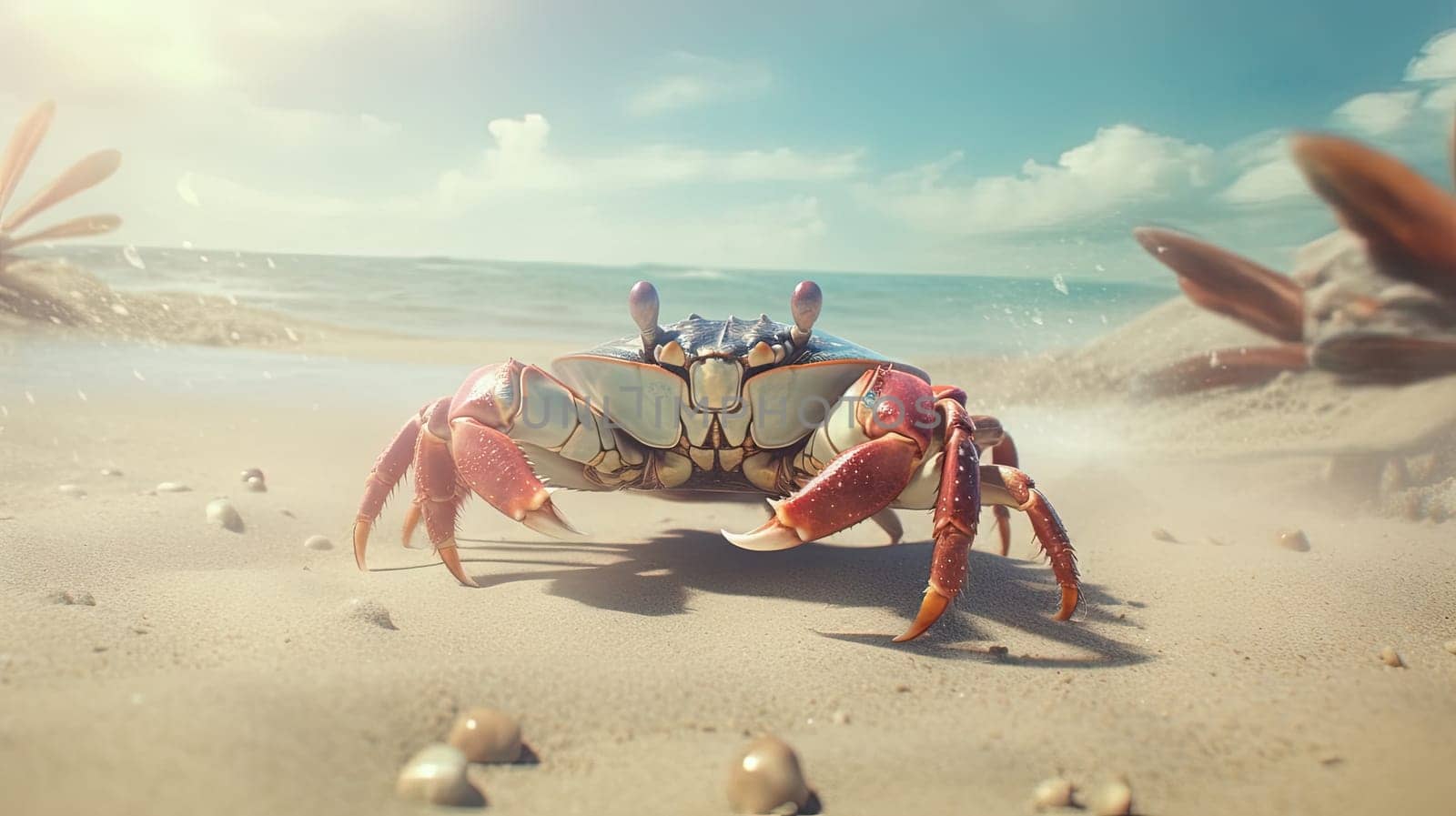 Curious crab on the sandy beach in nostalgic card style. Retro vacation postcard with crab on the coast. Generated AI. by SwillKch