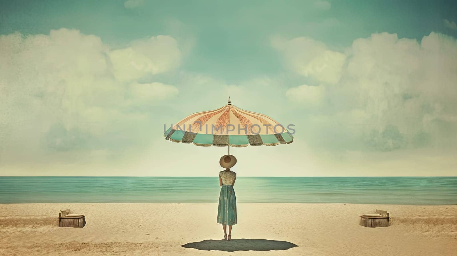 Umbrella on the hot sand of the beach. Grungy card with vacation scene of parasol on the shore line. Generative AI. by SwillKch