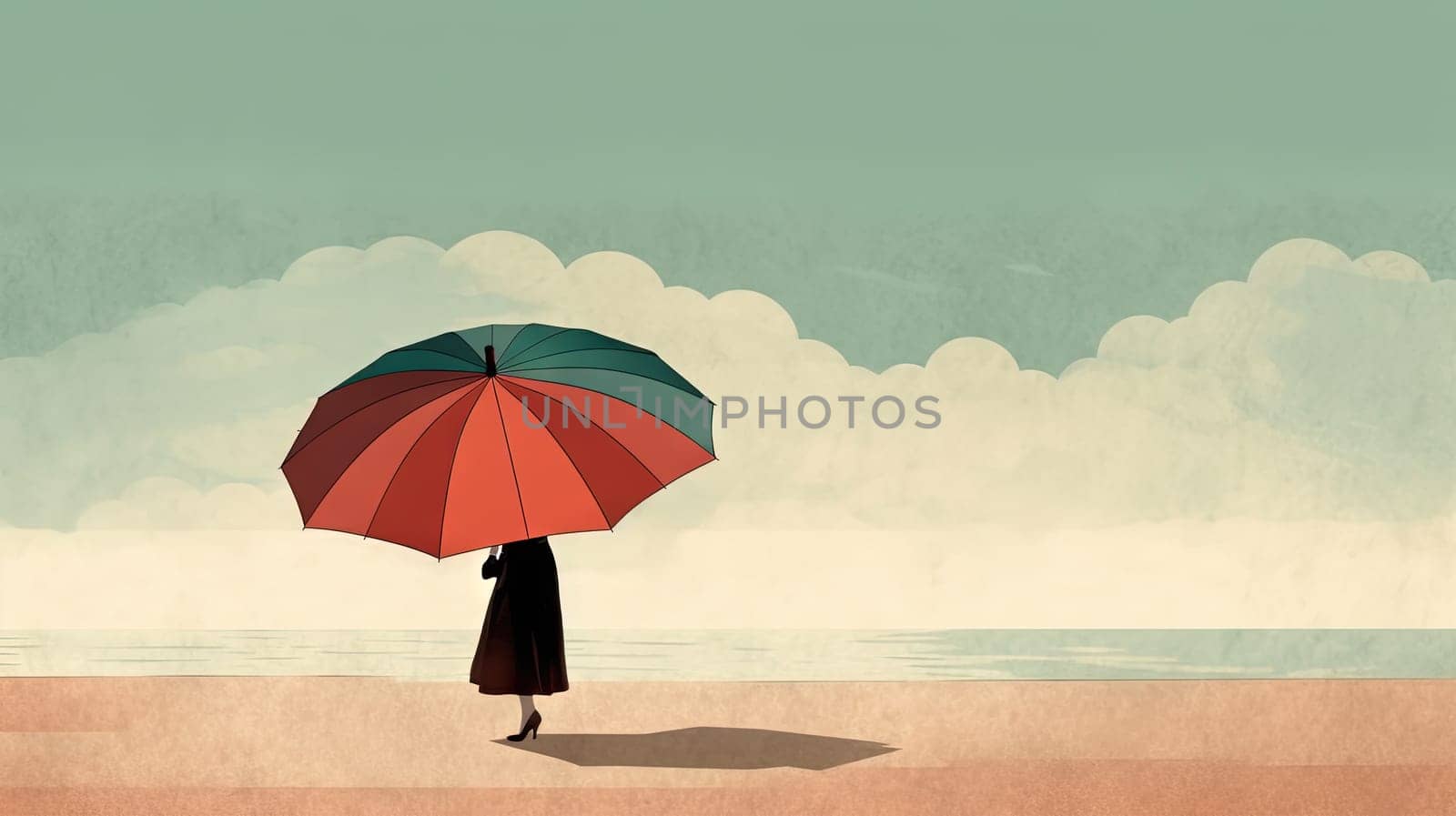 Umbrella on the hot sand of the beach. Grungy card with vacation scene of parasol on the shore line. Generative AI