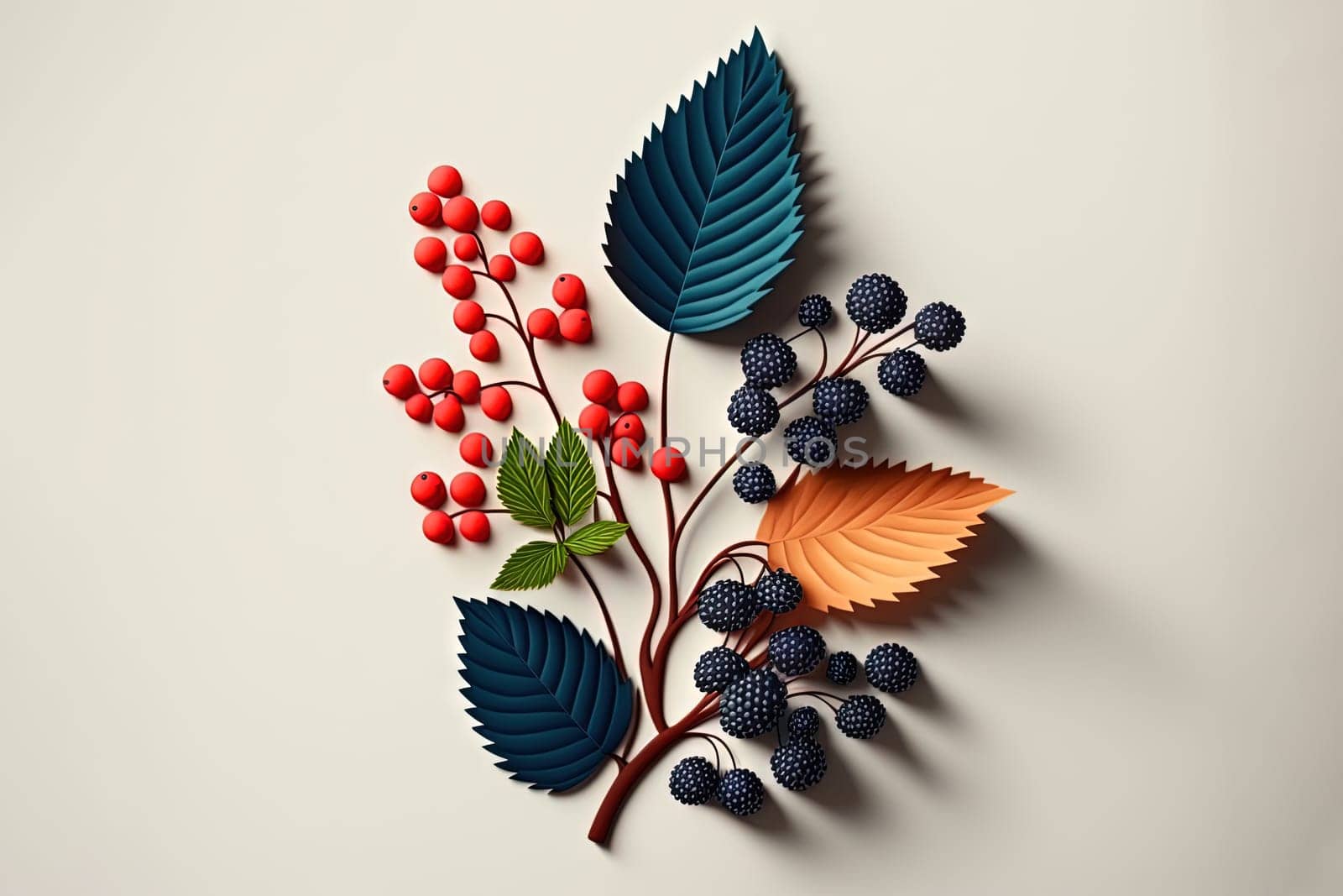 Various berries composition with leaves on white background. Juicy berries laying. Generated AI