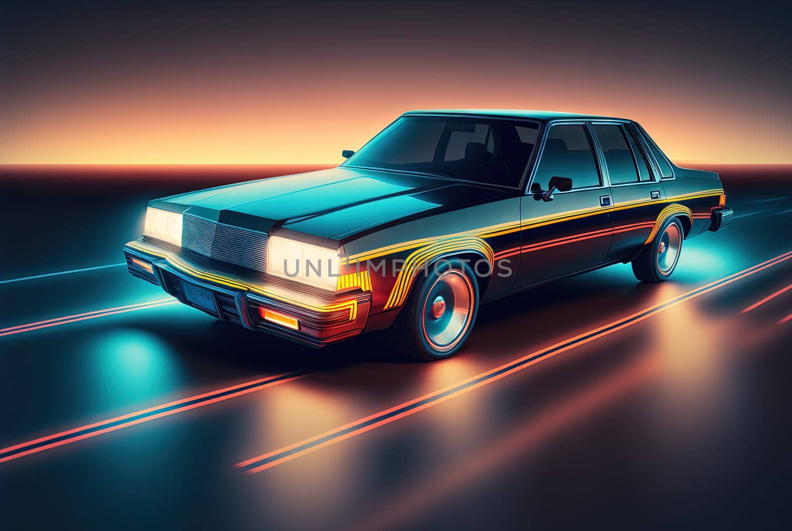 80s styled abstract retro car. Vintage automotive design in neon lights. Generated AI