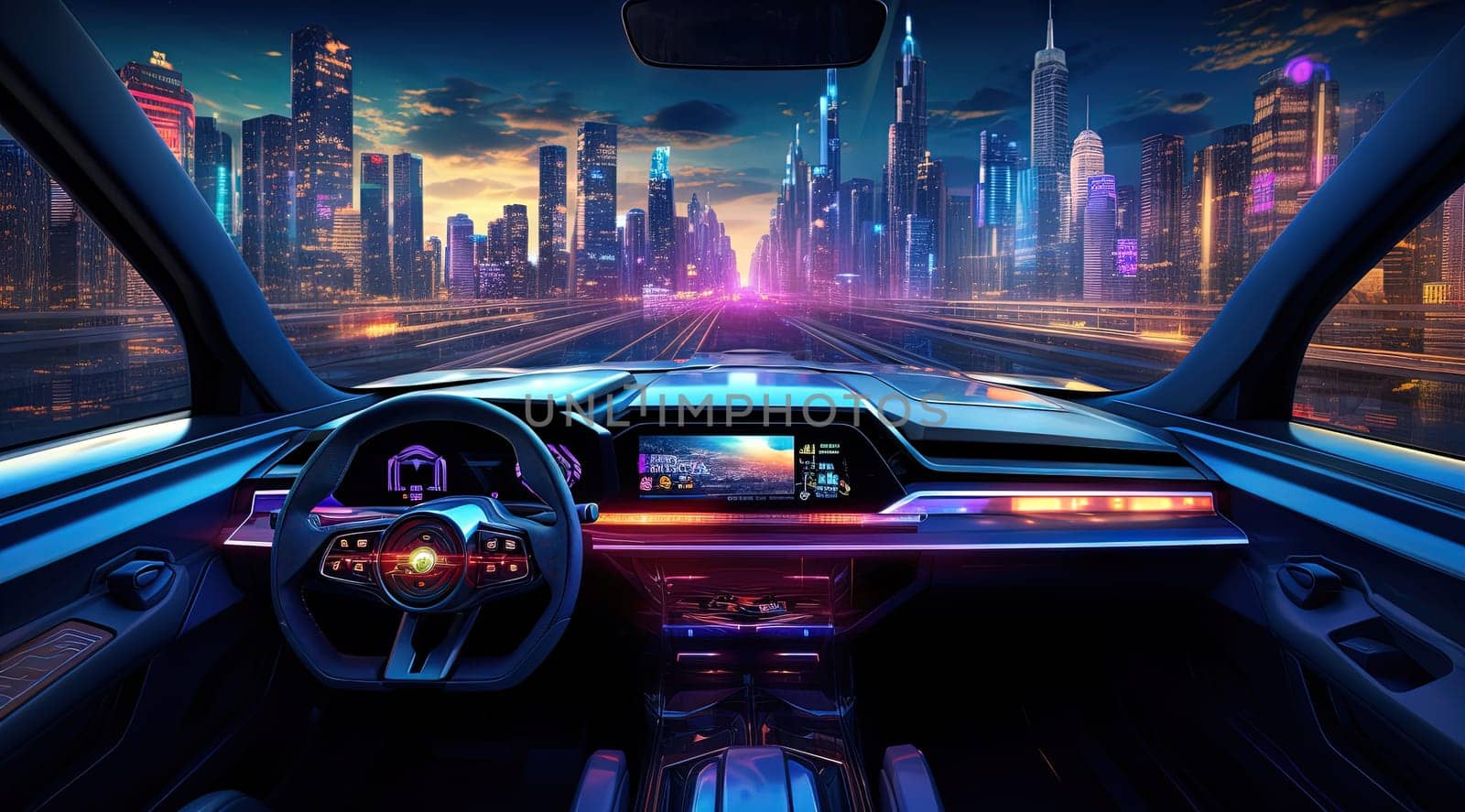 Furutistic car dashboard in the neon city.Synthwave or cyberpunk automobile control panel. Generated AI. by SwillKch