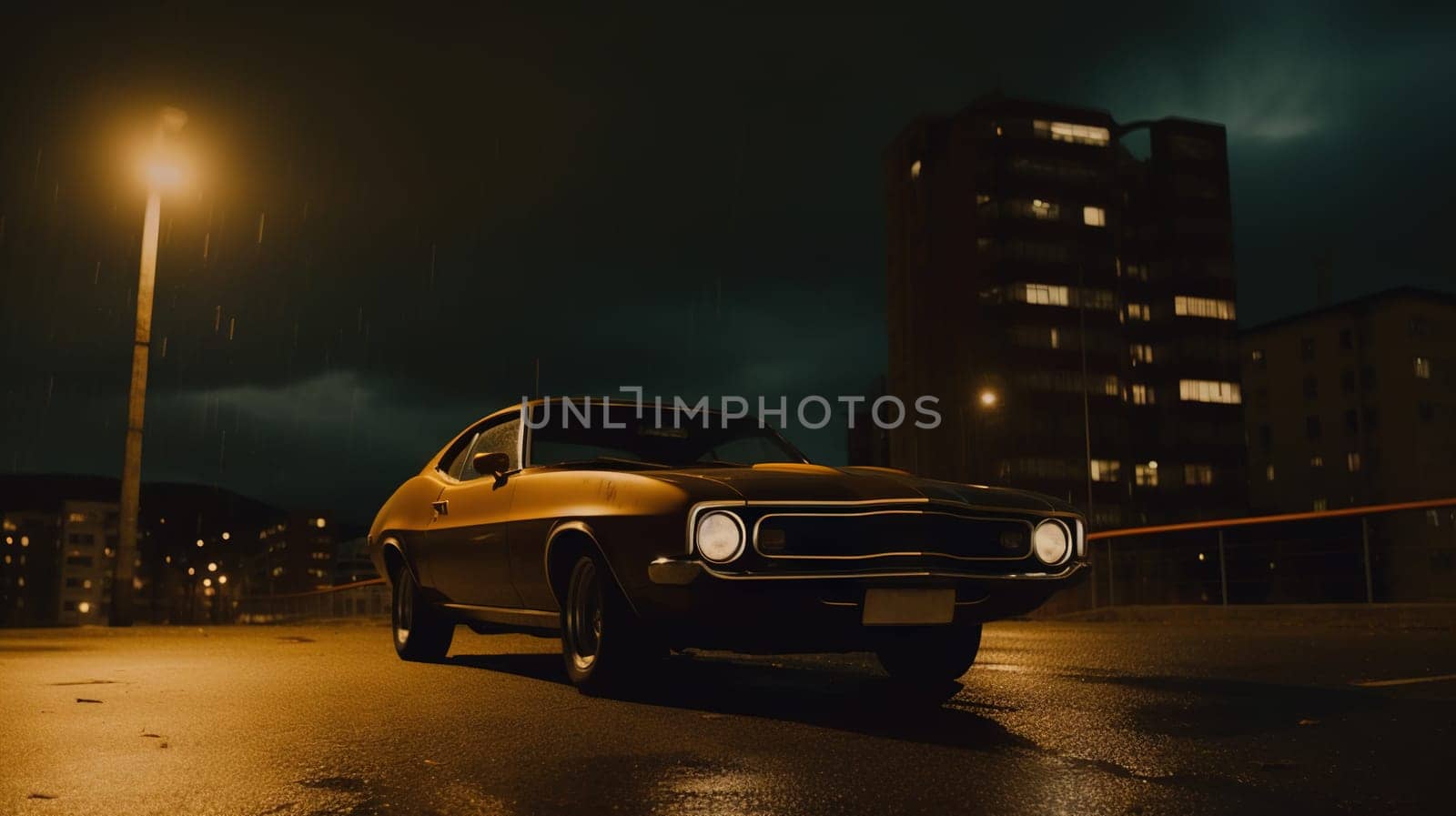 Vintage muscle car parked on the street at night. 80s styled synthwave retro scene with powerful drive in evening. Generated AI