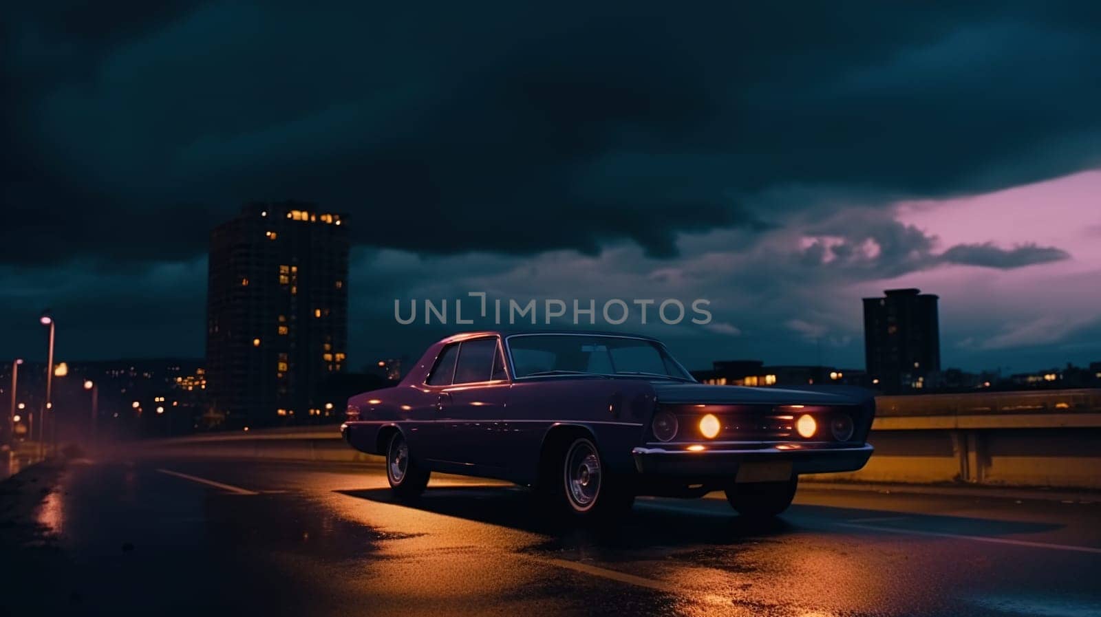 Vintage muscle car parked on the street at night. 80s styled synthwave retro scene with powerful drive in evening. Generated AI. by SwillKch