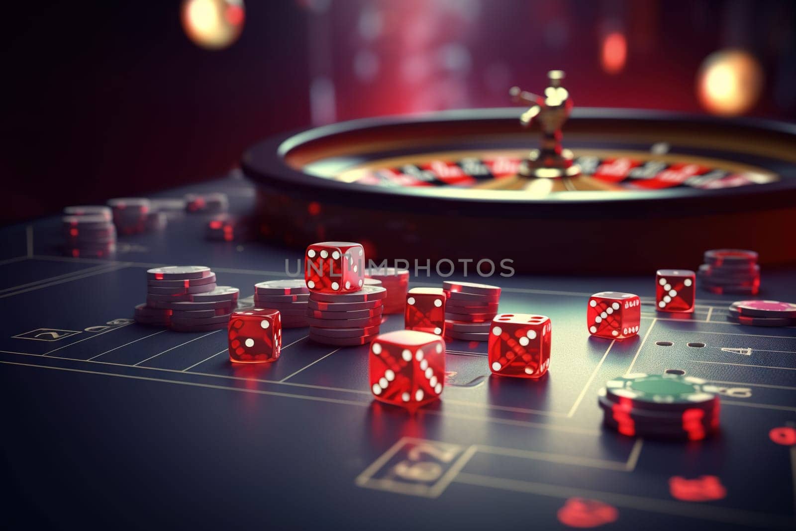 Casino concept with abstract gambling objects. Dark casino room with roulette, cards and dices. Generative AI