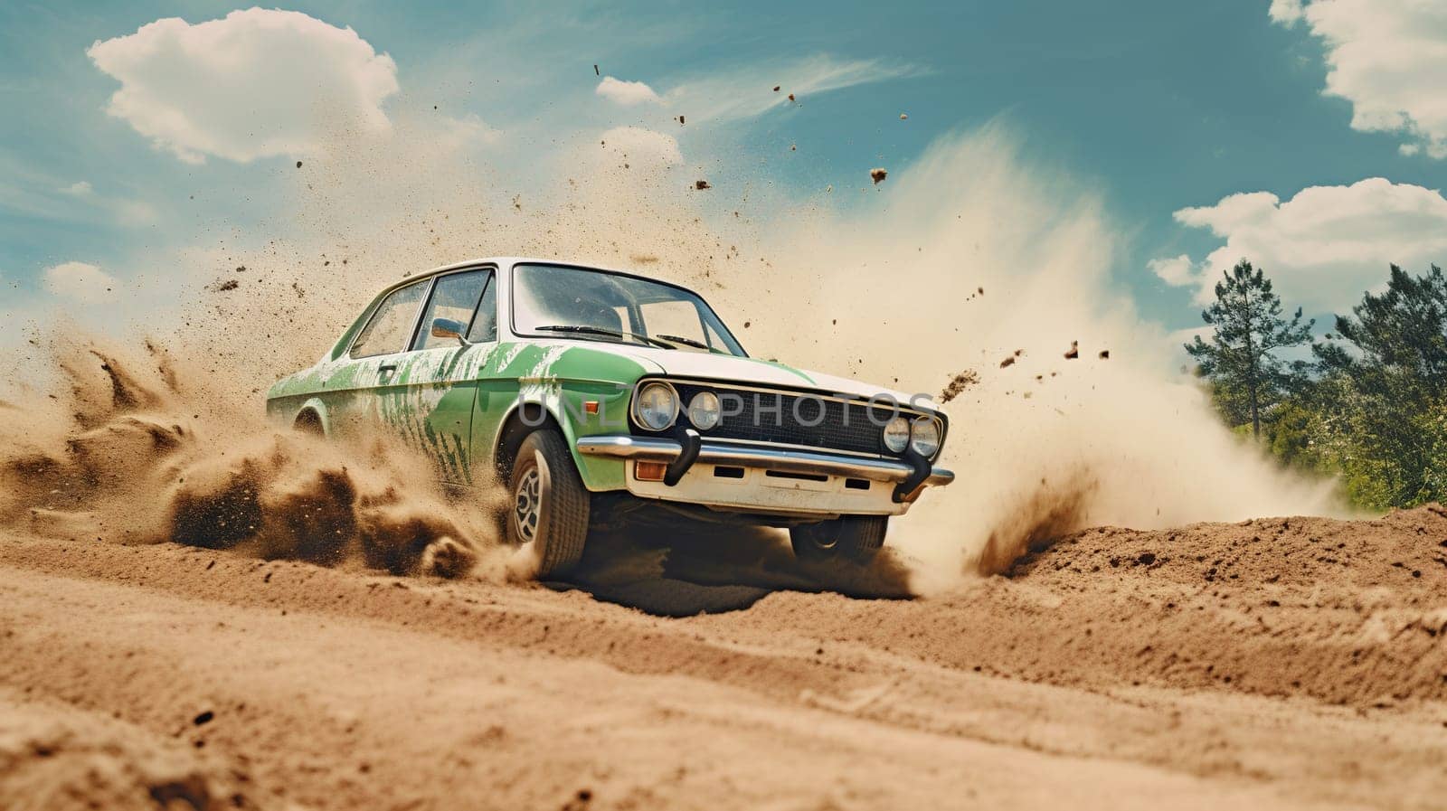 Vintage rally car splashing the dirt in retro 70s styled scene. Generated AI