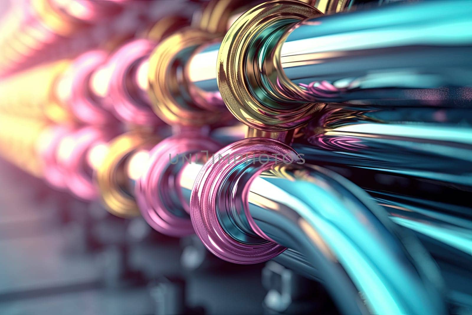 Abstract chrome pipes composition. Industry themed background with shiny metallic connected pipes. Generated AI. by SwillKch