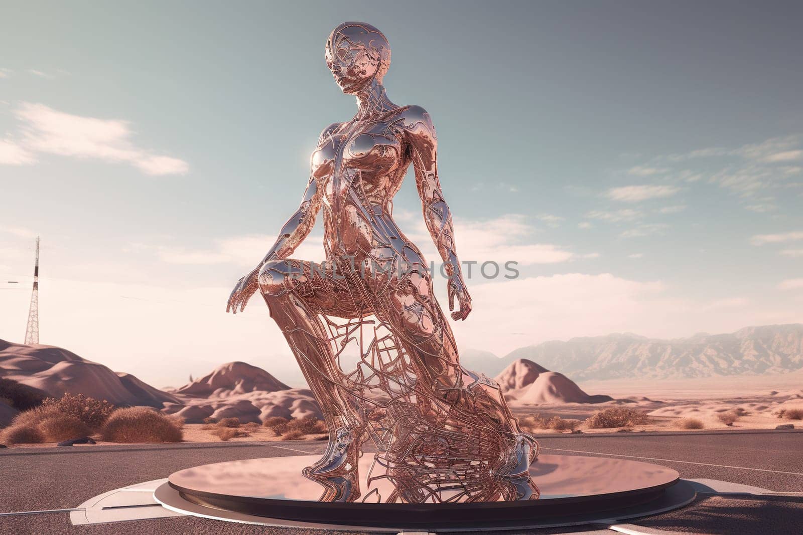 Crome robot woman standing in the desert. Artificial intelligence rise and shiny. Mechanical beauty. Generated AI