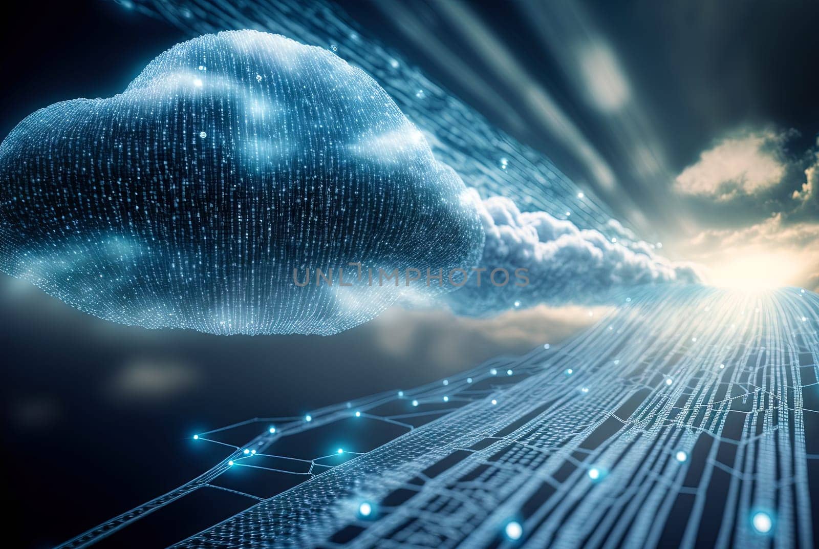 Cloud computing concept with digital cloud of remote connections of internet user data. Data storage in modern web. Generated AI