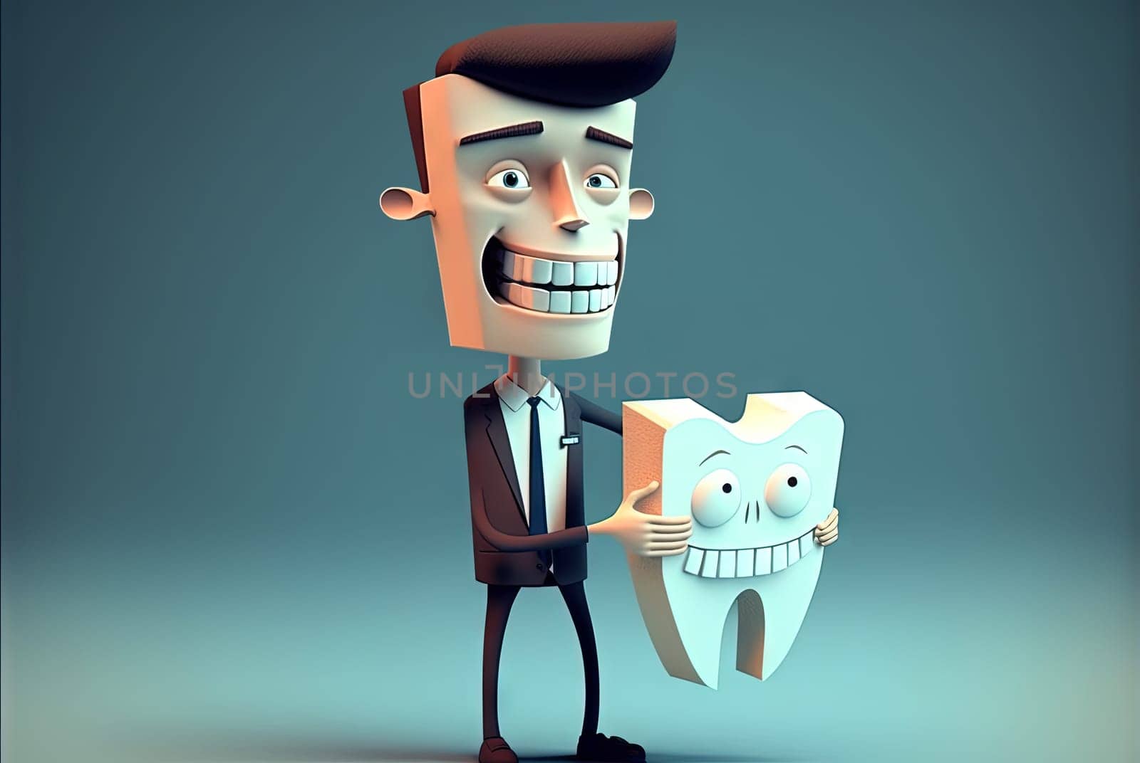 Funny dentist with tooth. Happy doctor smiling with all his teeth. Generated AI. by SwillKch
