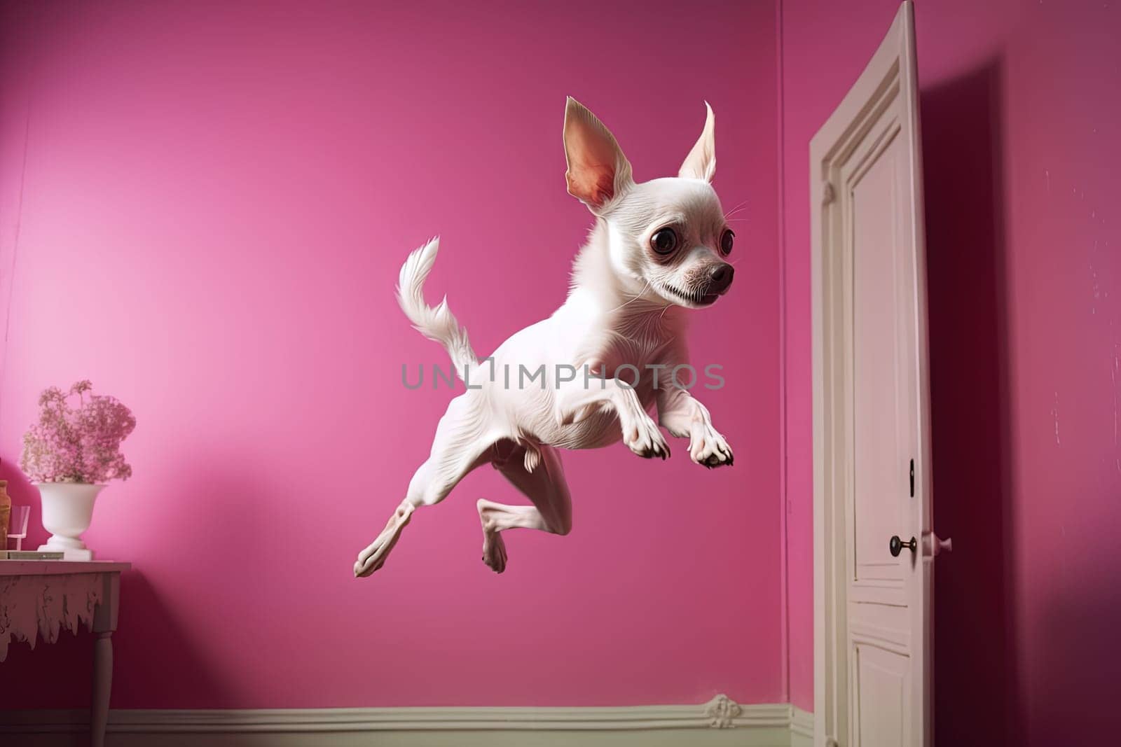 Cute chihuahua puppy jumping in the pink room. Tiny dog soaring in light veil and tulle. Generated AI