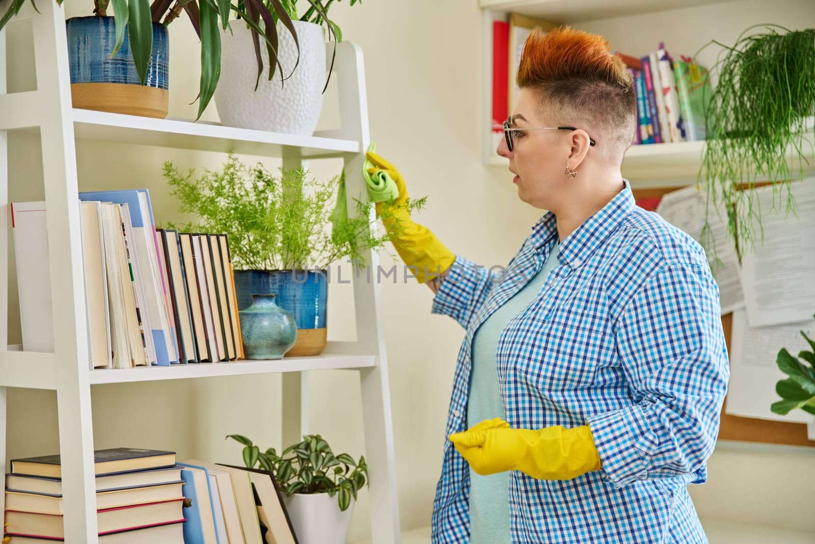 Middle-aged woman cleaning house, female wiping dust in room. Housekeeping, housework, housecleaning, cleaning concept