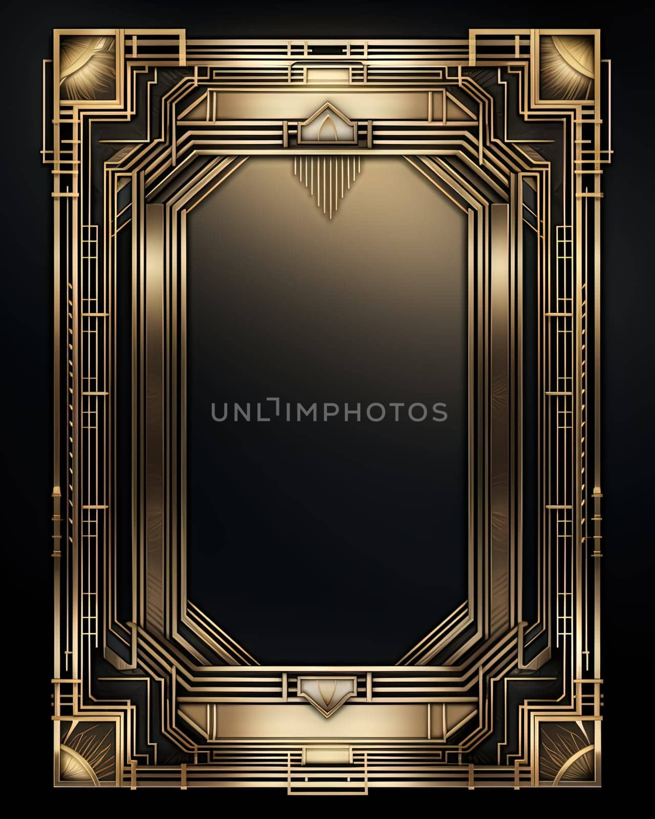 Golden art deco frame with ornament. Retro golden art deco or art nouveu frame in roaring 20s style. Generative AI