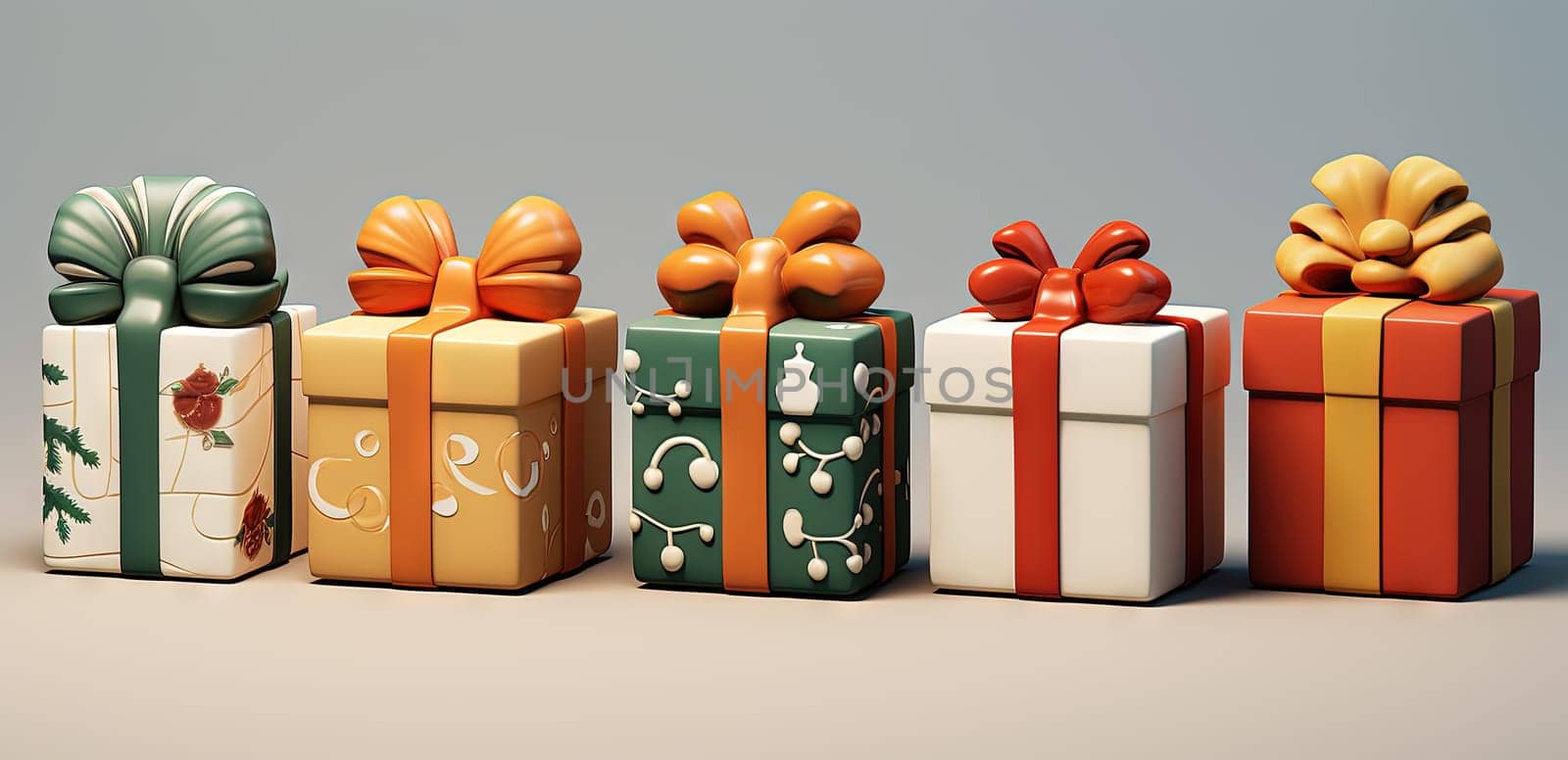 Set of gift boxes with ribbons, arranged for holidays or sale and discount event. Generated AI