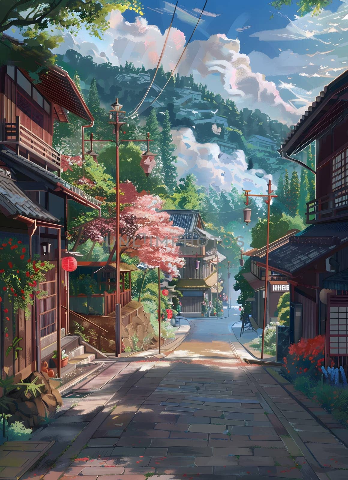 An art piece depicting a scenic narrow street with buildings, trees, and an asphalt road surface. A beautiful natural landscape captured in paint