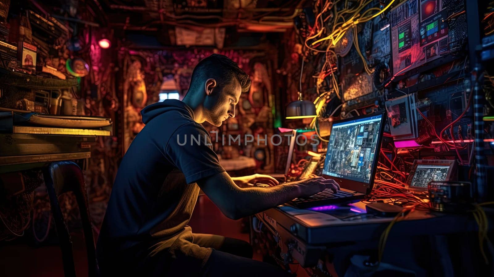 Man sitting with laptop in the secret laboratory. Hacker sending the virus. Generated AI. by SwillKch
