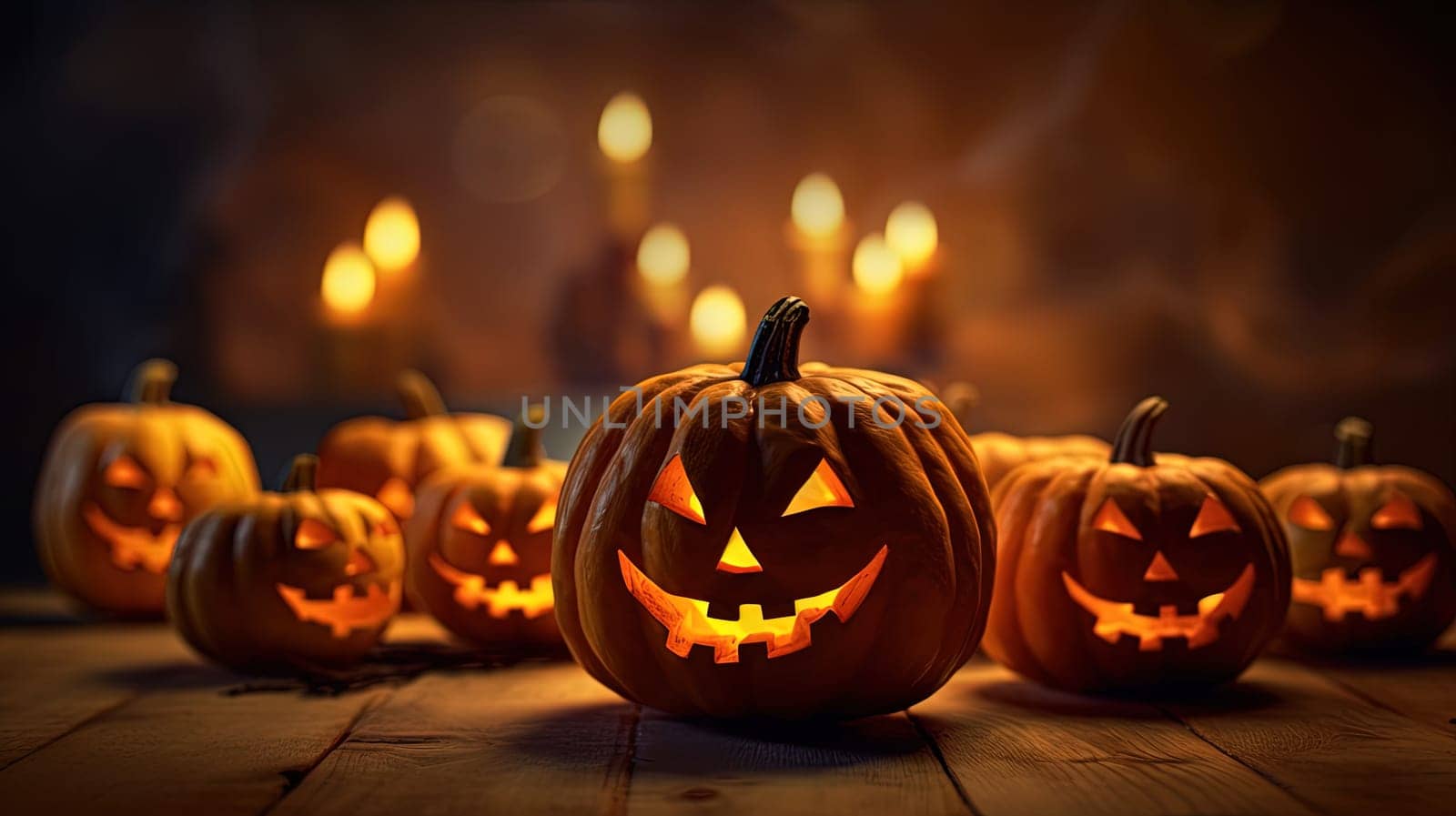 Halloween pumpkins row on the wooden floor. Jack O Lantern parade for Halloween holidays. Generated AI. by SwillKch