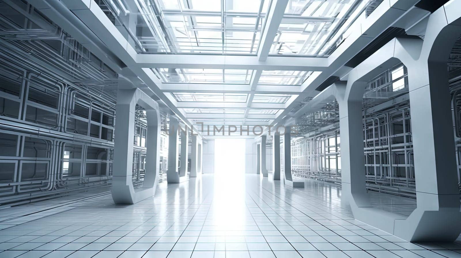 Interior of white industrial hangar or warehouse. Modern architecture industrial room. Generated AI