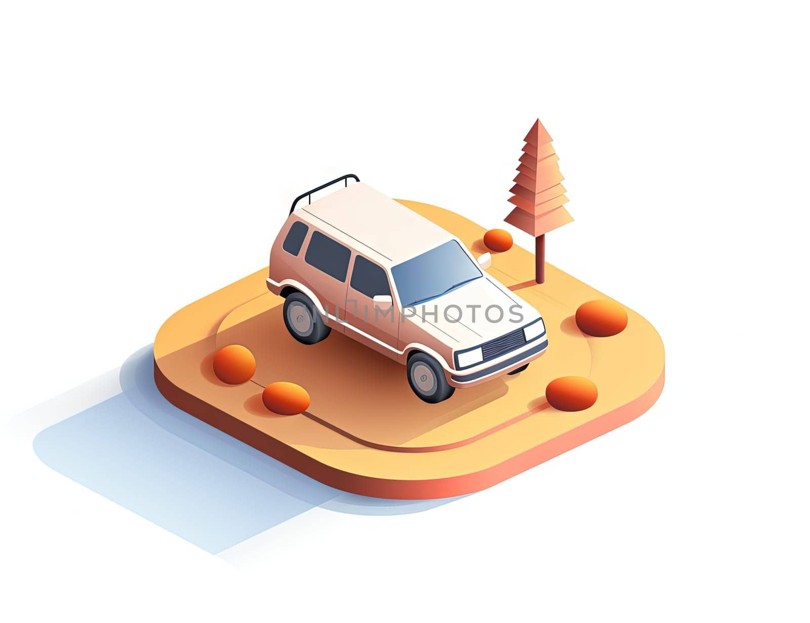 Isometric retro car travelling with elements of environment. Generated AI