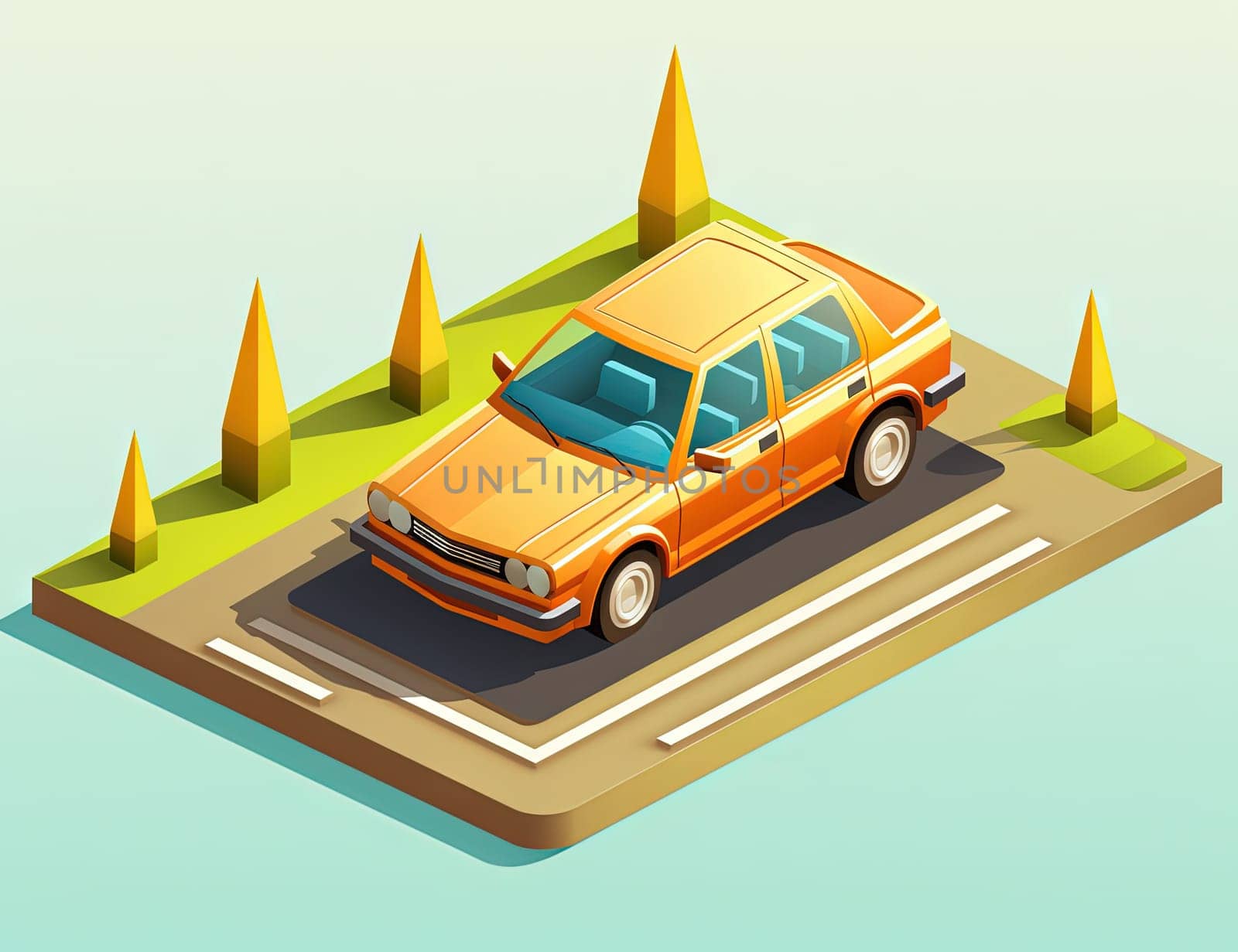 Isometric retro car travelling with elements of environment. Generated AI