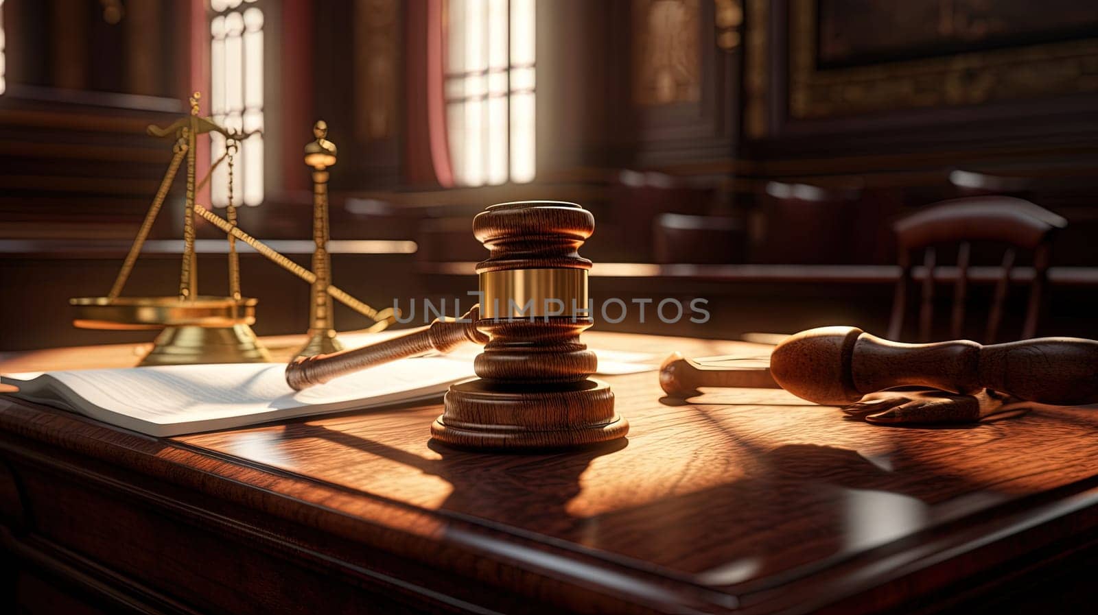 Judge hammer in the court room. Wooden gavel as a symbol of justice. Generated AI