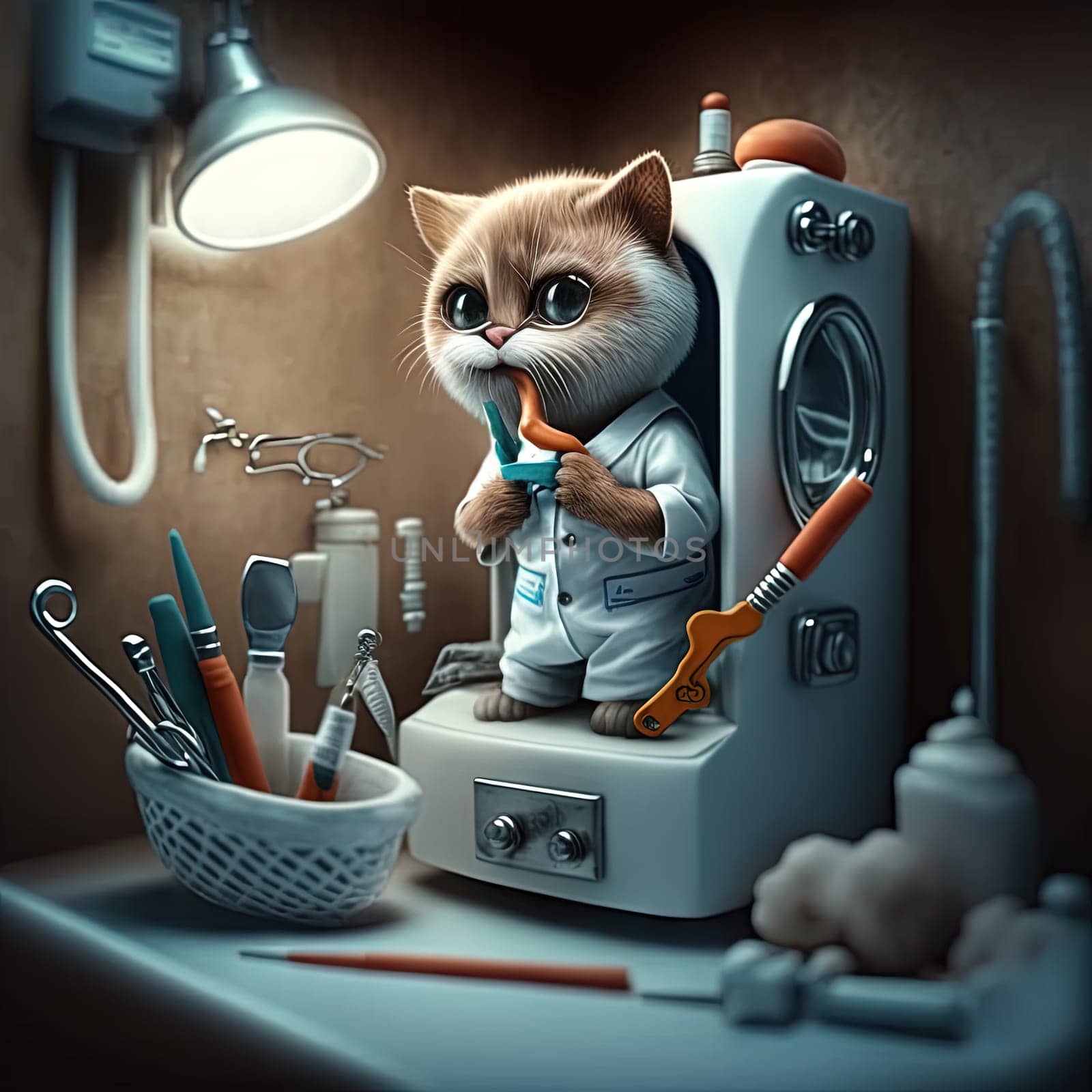 Funny dentist cat. Cute kitten in doctor costume with dentistry and hygiene tools. Generative AI