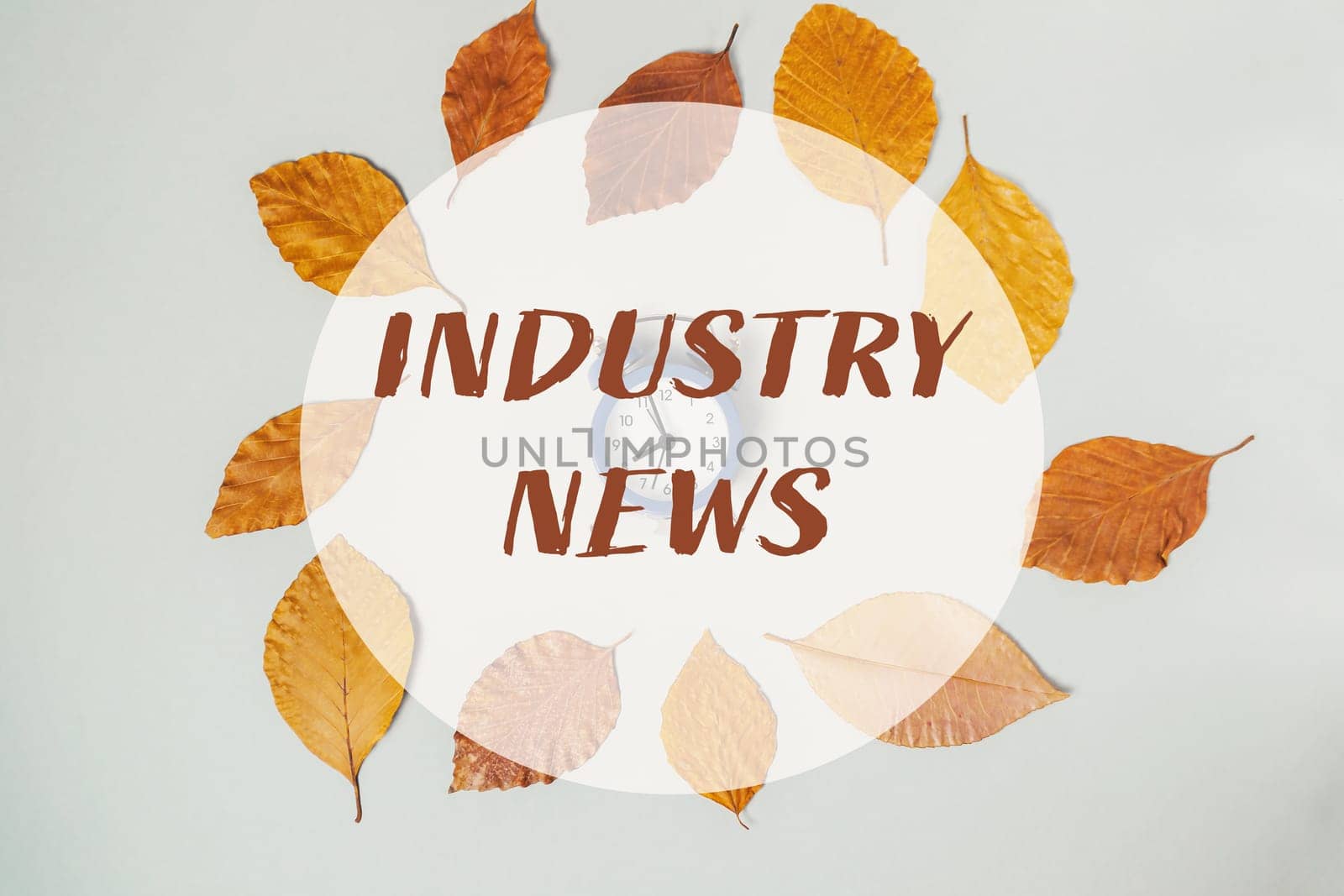 A circle of leaves with the words Industry News written in the center. The leaves are orange and brown and the circle is white