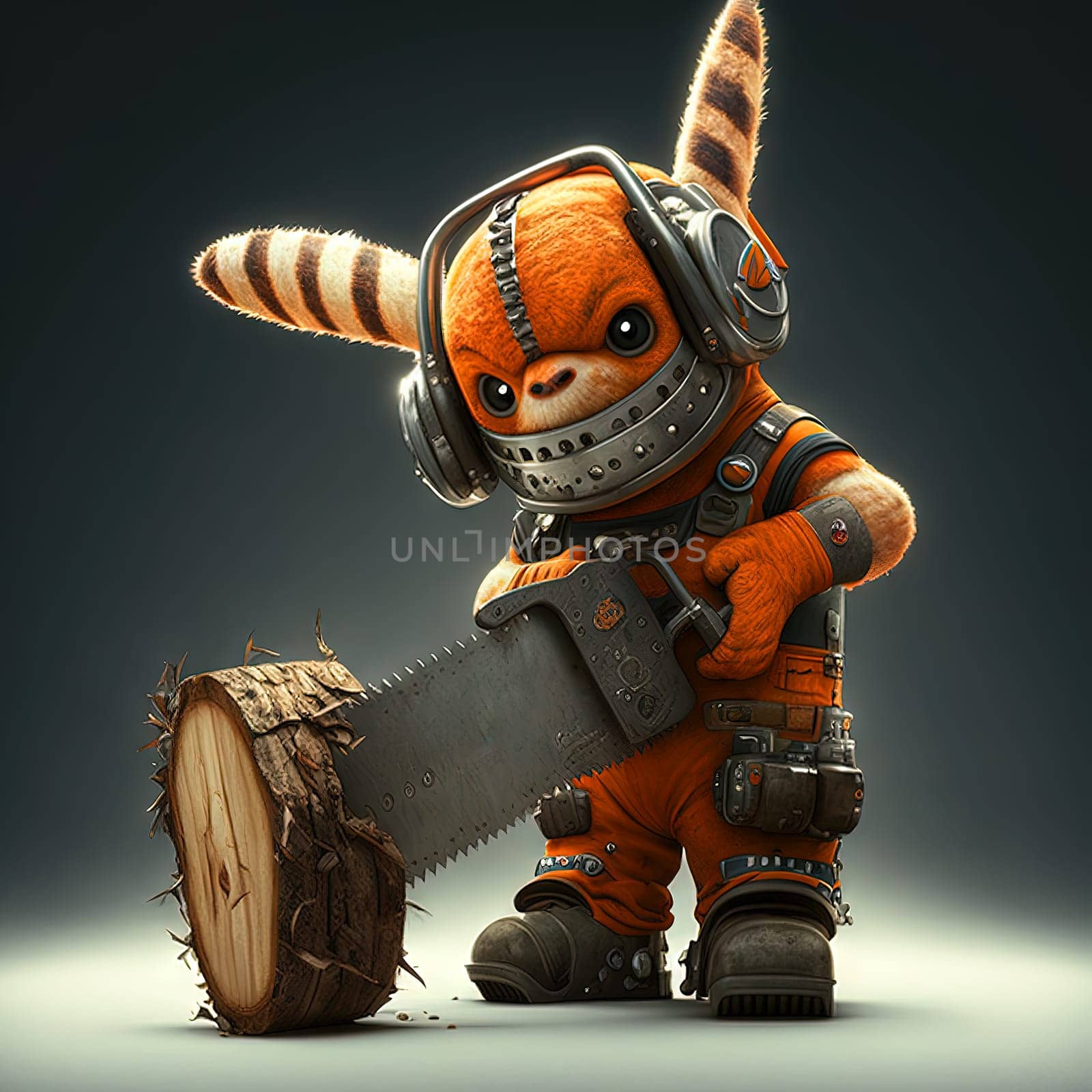 Funny and spooky figure of monster with a chainsaw. Crazy lumberjack mascot. Generative AI. by SwillKch