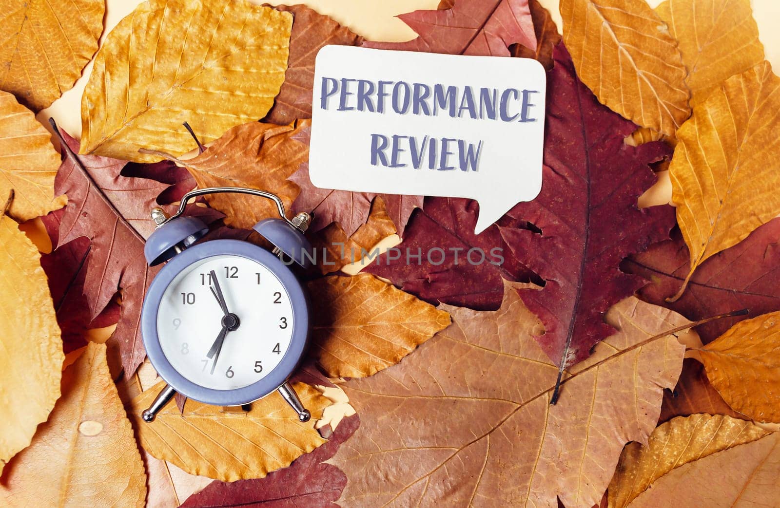A clock is on a pile of leaves with the words performance review written above it. Concept of time and the importance of reviewing one's performance