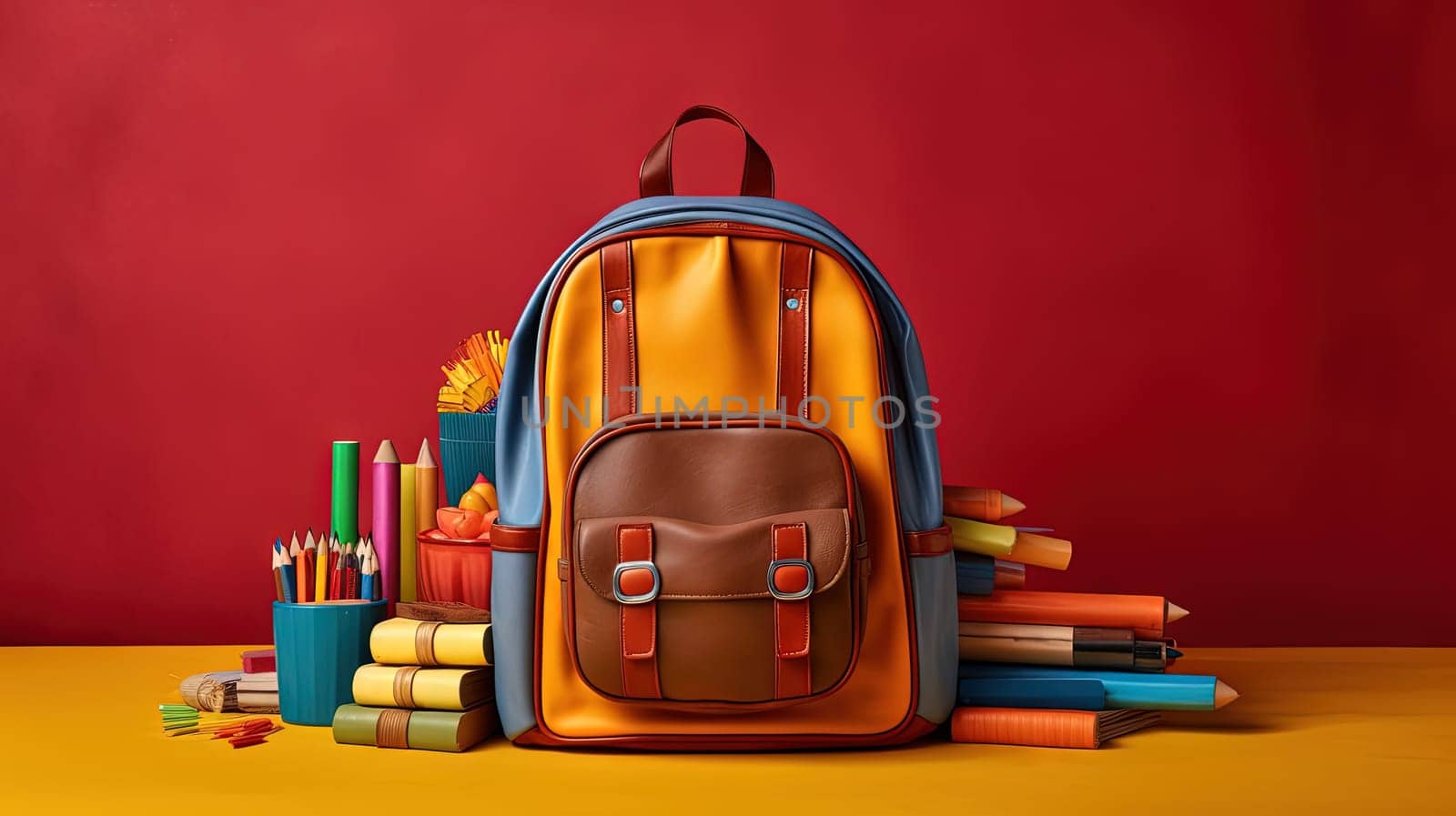 School backpack with colorful learning supplies. Back to school concept. Generated AI. by SwillKch