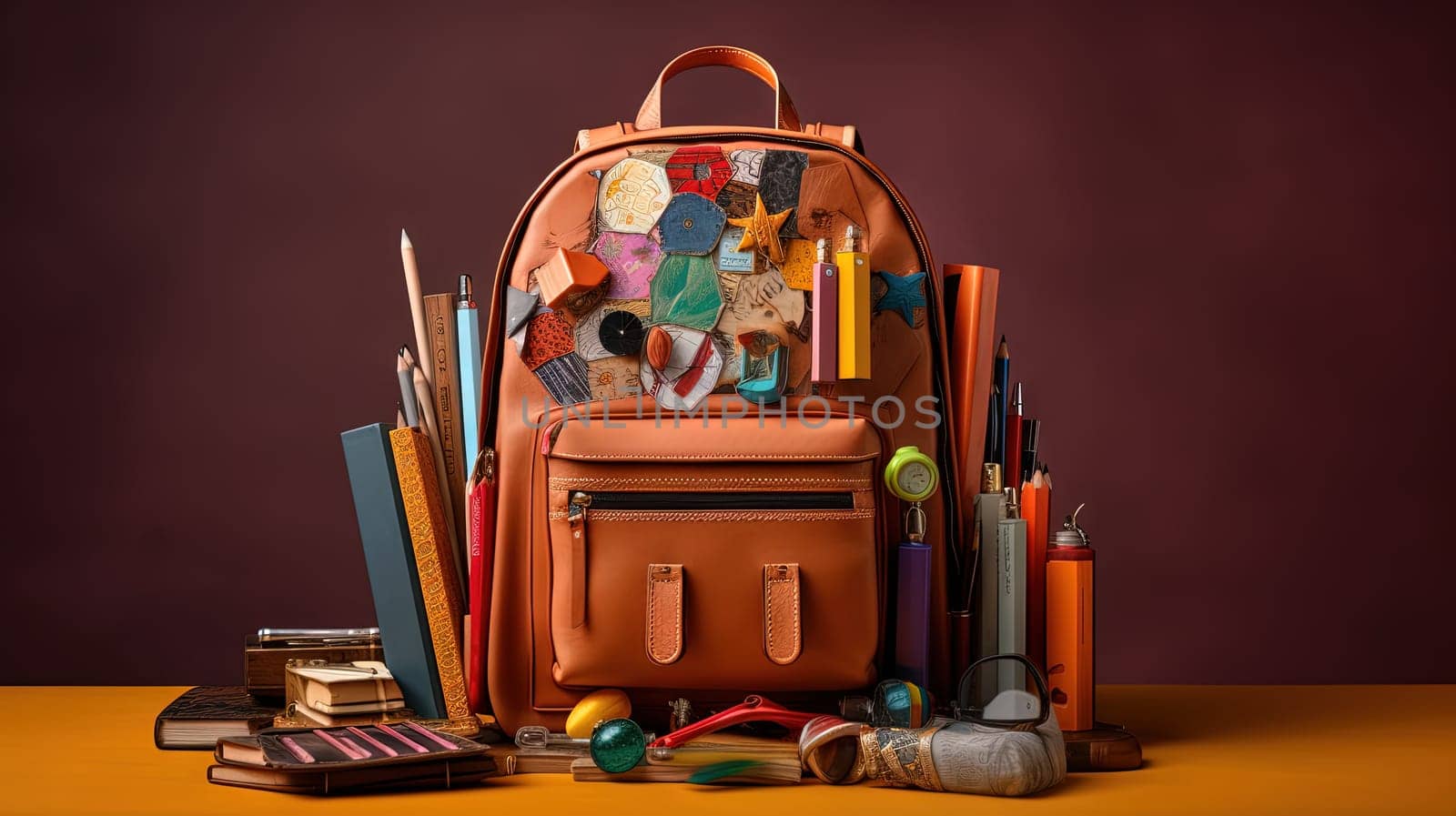 School backpack with colorful learning supplies. Back to school concept. Generated AI. by SwillKch