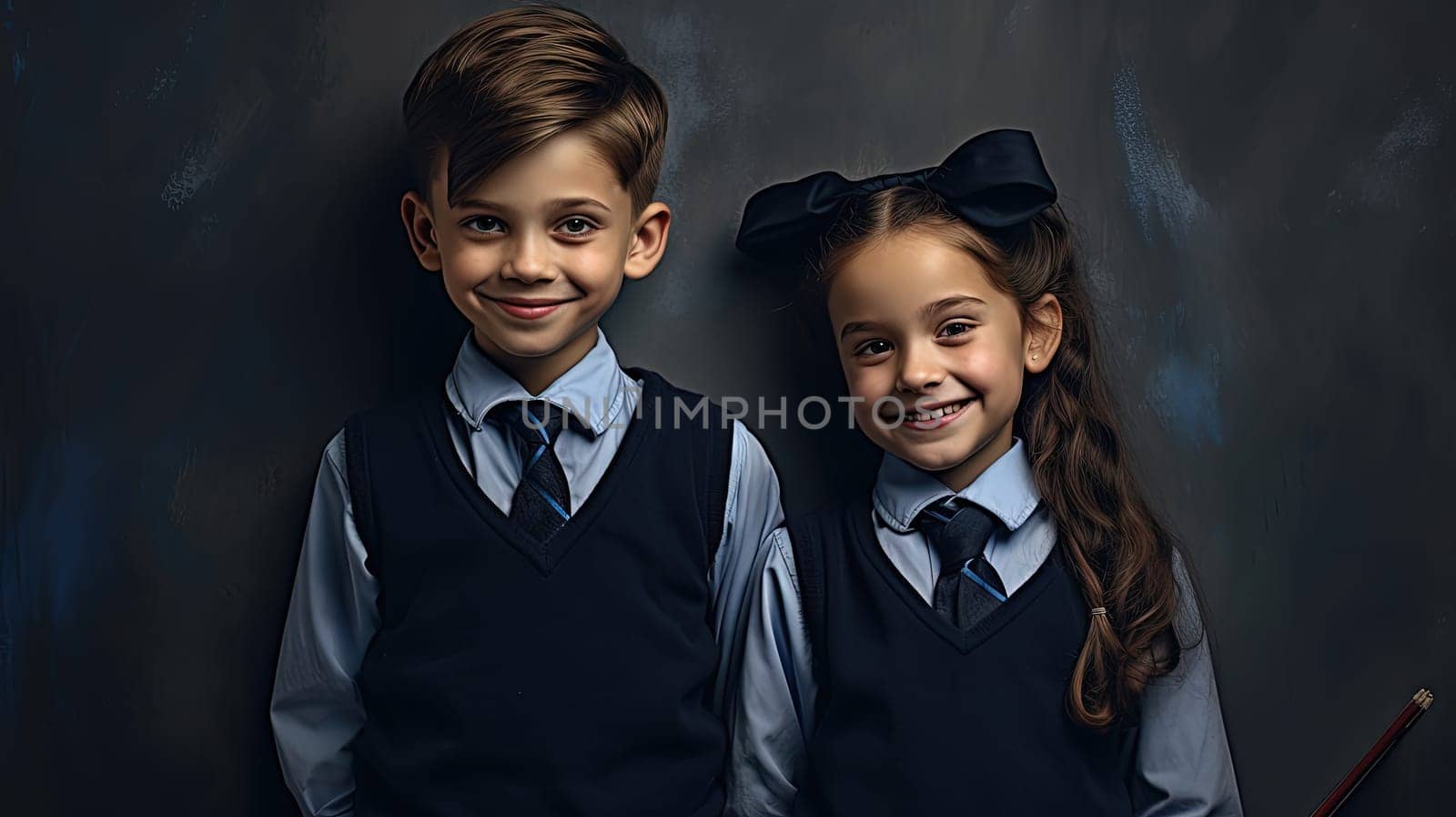 School pupil, boy and girl standing in front of black board. School children couple. Generated AI