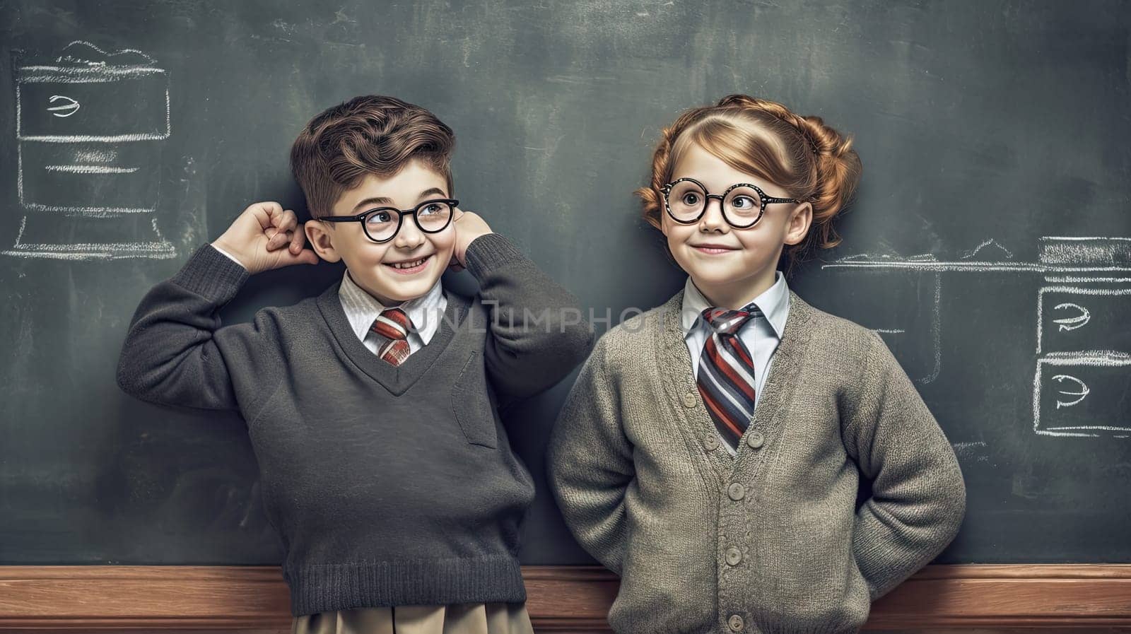 School pupil, boy and girl standing in front of black board. School children couple. Generated AI. by SwillKch