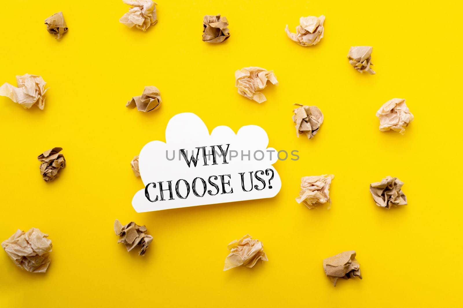 A yellow background with a white sign that says Why choose us on it. The sign is surrounded by shredded paper, giving the impression of a messy or disorganized environment