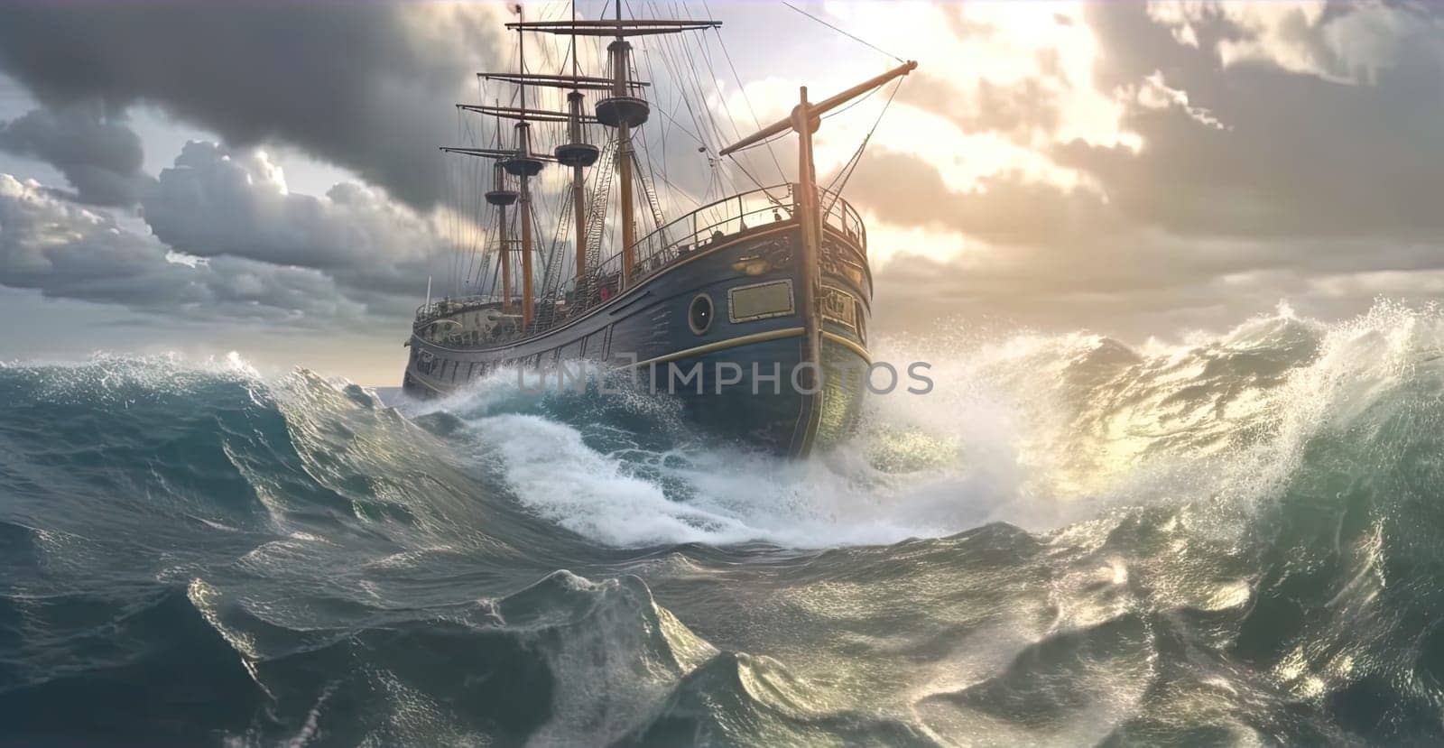 Ship in the stormy sea with huge waves. Giant stormy waves in the ocean and boat. Generated AI