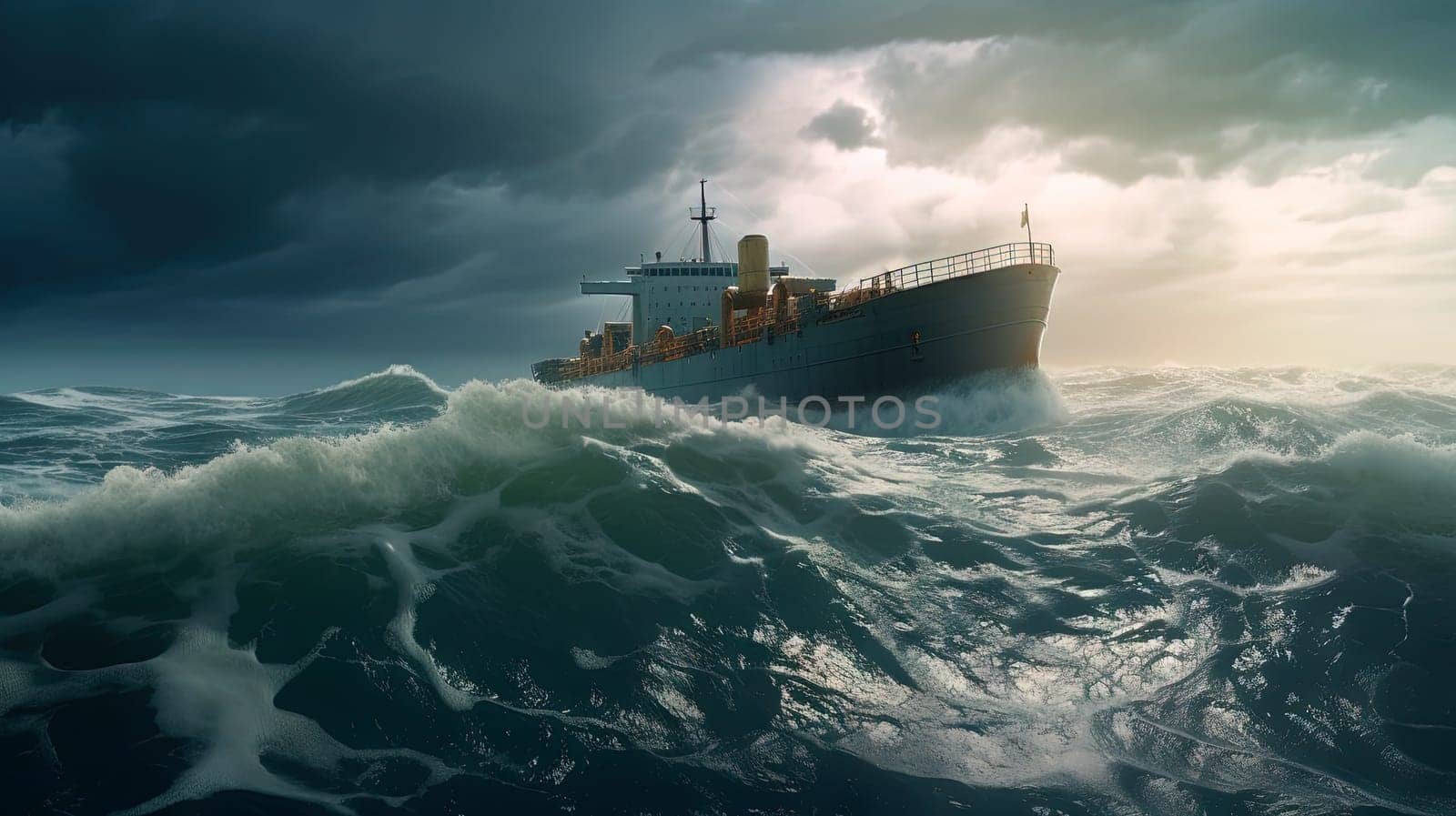 Ship in the stormy sea with huge waves. Giant stormy waves in the ocean and boat. Generated AI