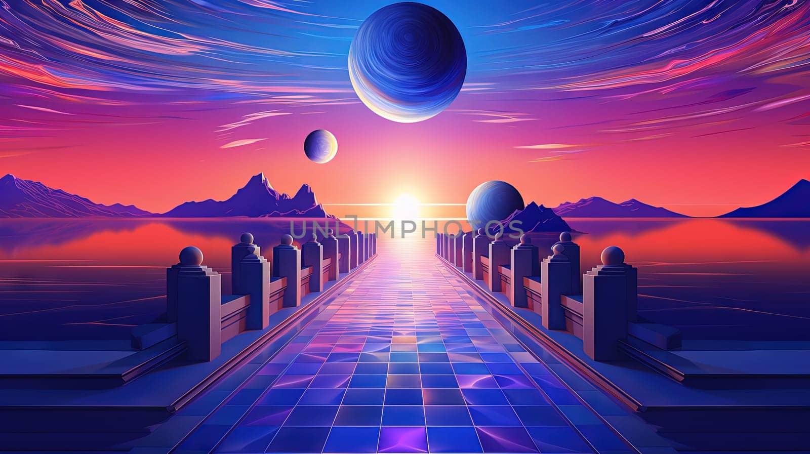 Synthwave styled pier, a bridge to the horizon in purple and blue lights. Generated AI